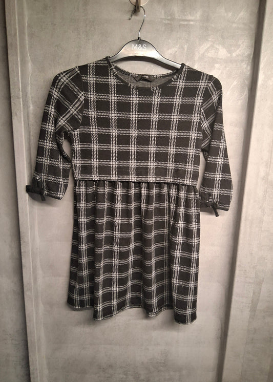 George Girls Black & Grey Checked Dress – Age 8/9 Years – Bow Sleeve Detail
