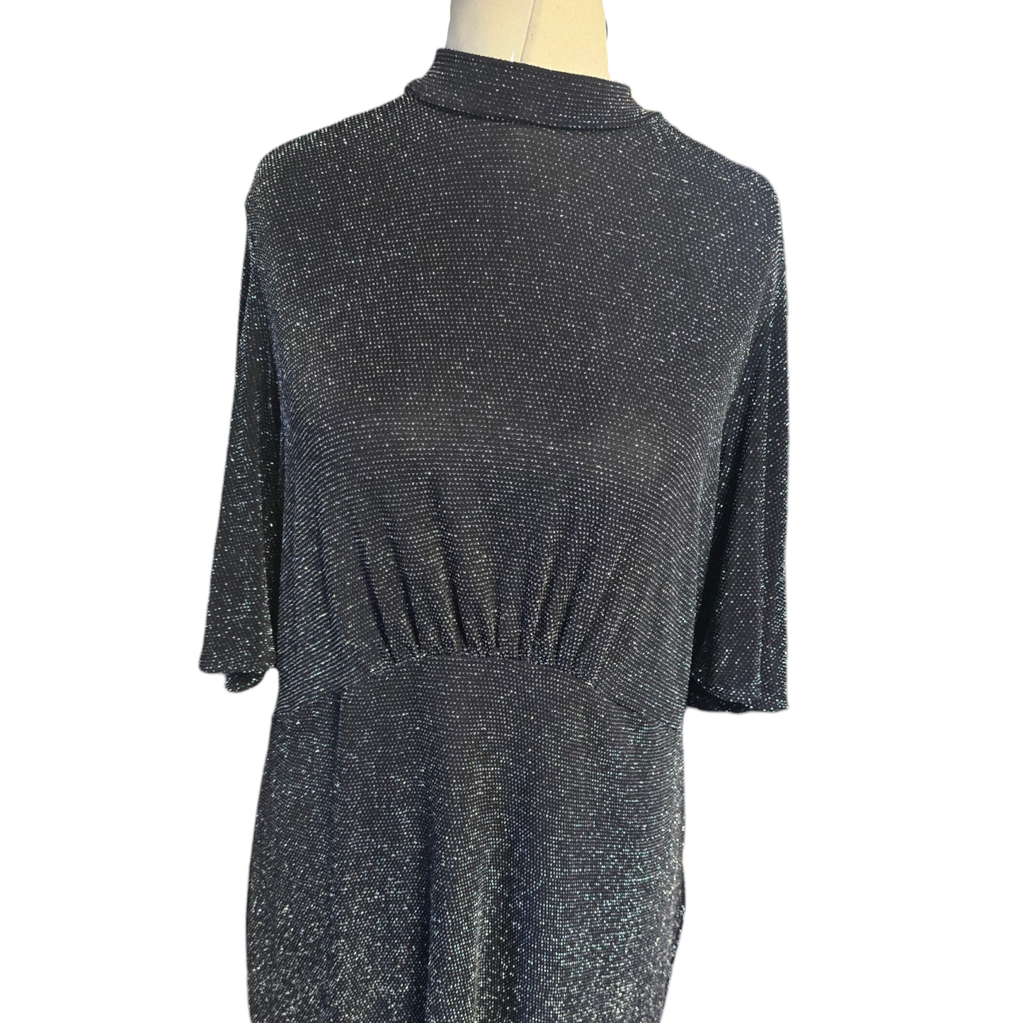 Dorothy Perkins Black & Silver Glitter Top – Size 16 – High Neck Flared Sleeve Tunic