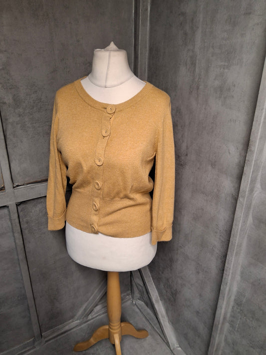 Monsoon Mustard Yellow Cropped Cardigan – Cashmere Angora Blend UK 10/12 Cosy & Cute
