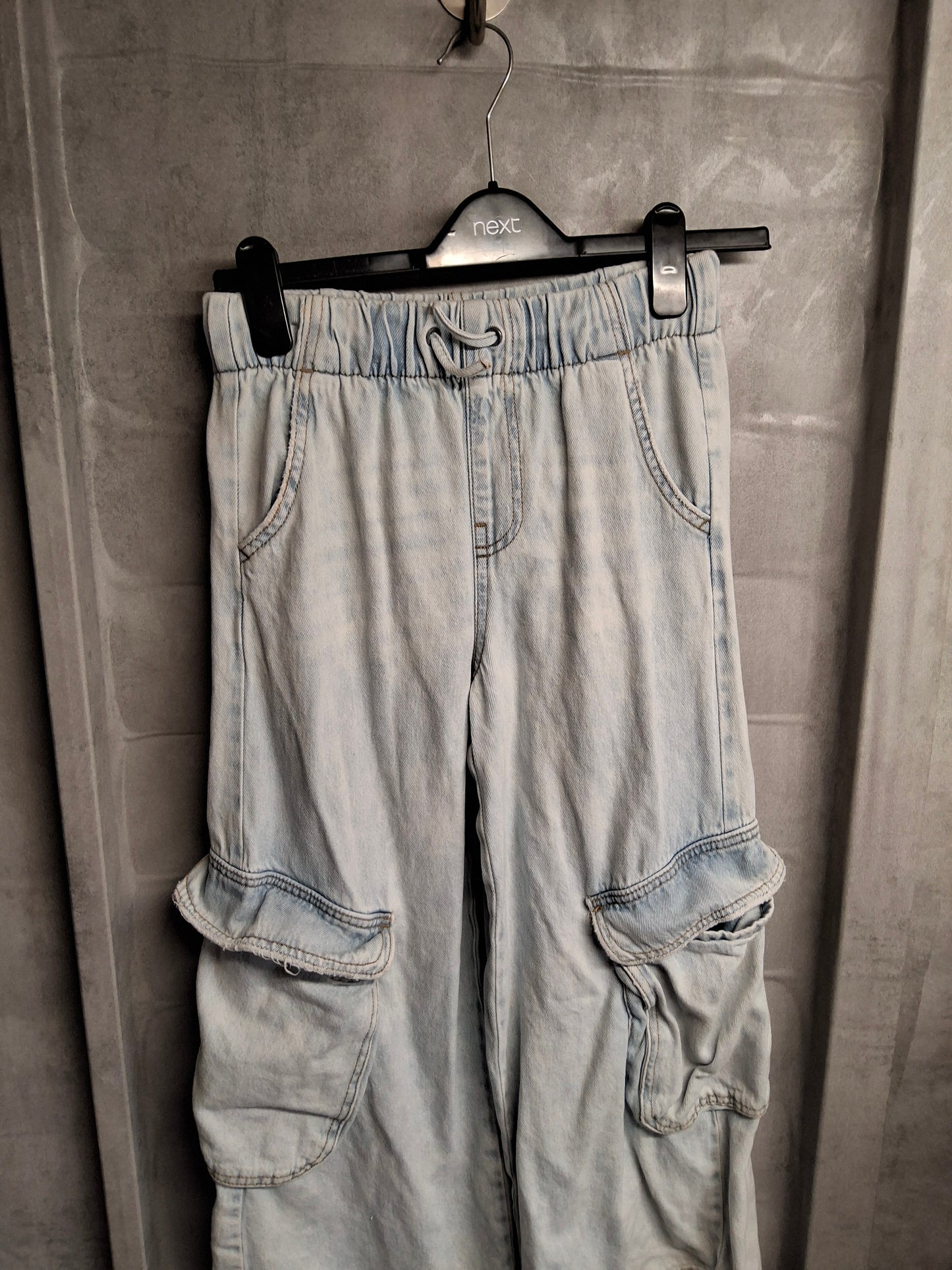 Zara Kids Light Blue Baggy Flared Cargo Jeans – Size 11-12 Years – Elasticated Waist Girls