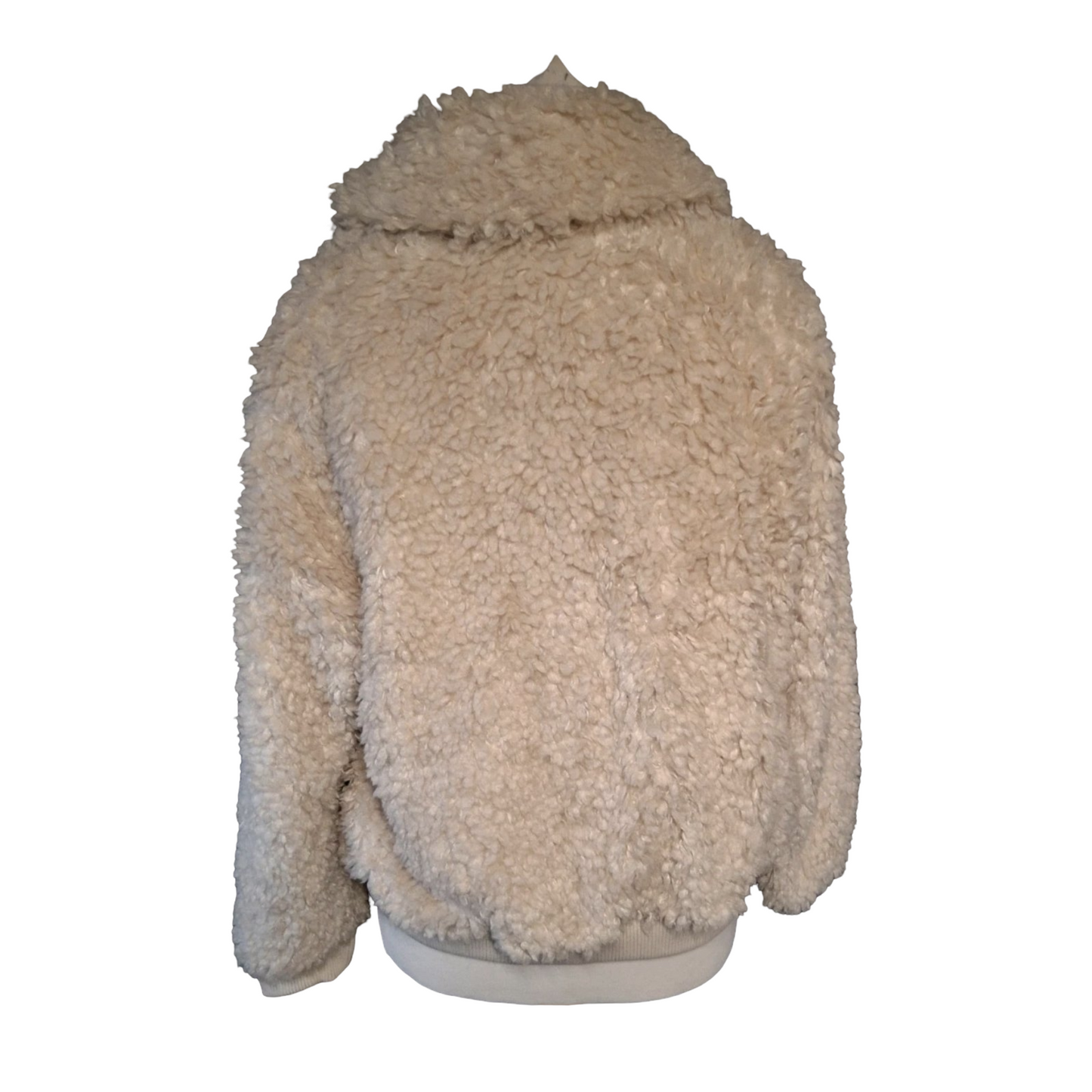 H&M Cream Faux Fur Teddy Coat – Zip Up, Pockets, Lined, Size L (size 16/18) – Cosy Mid Length