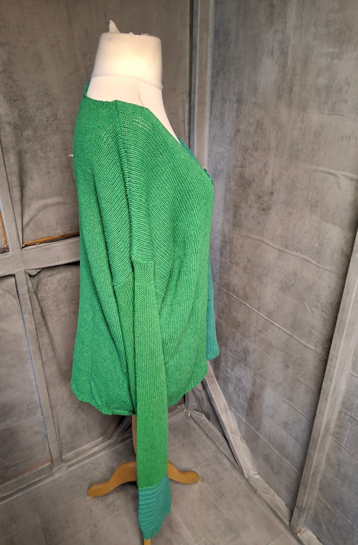 Handmade Green Colour Block Knit Cardigan – Relaxed Fit, Button Close