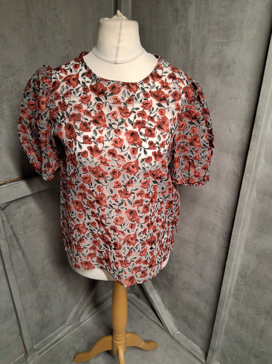 Tu Size 12 Sheer Red Floral Puff Sleeve Blouse – Pretty, Floaty & Perfect for Layering