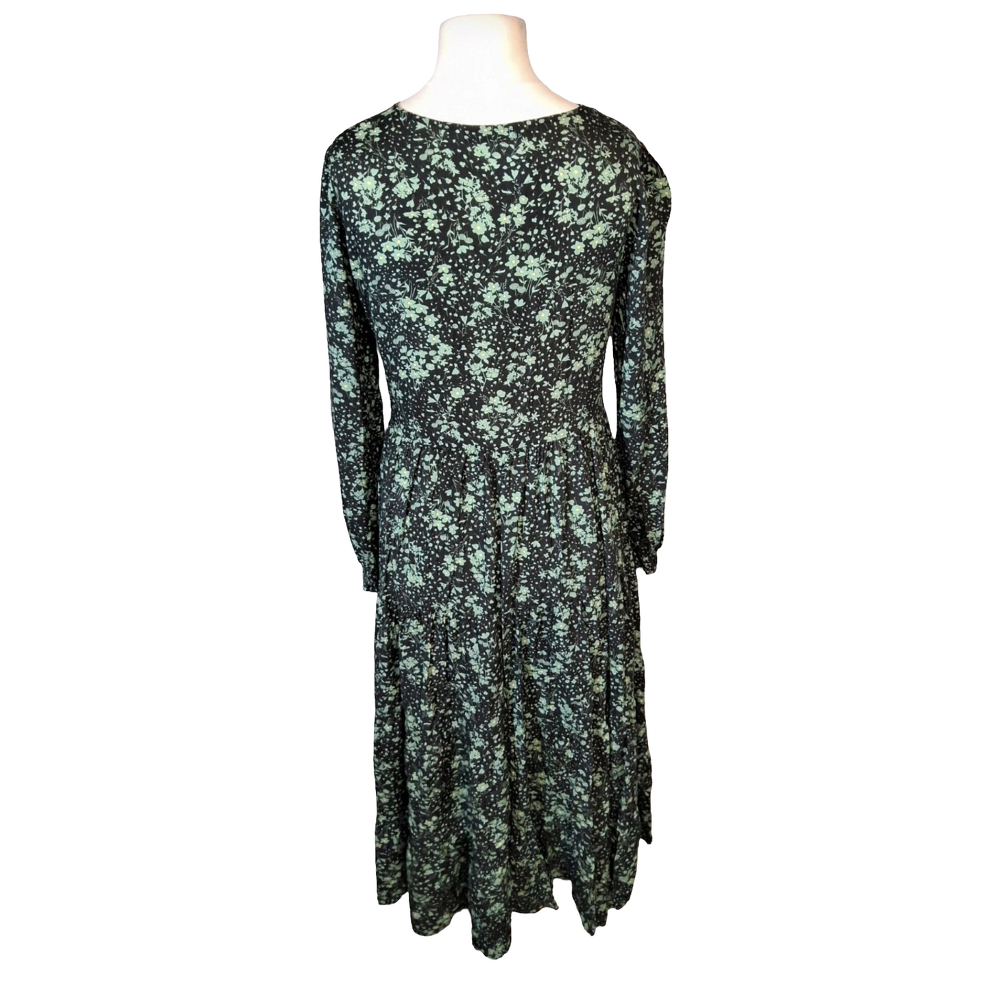 Zara Black & Green Floral Midi Dress – Long Sleeve – Size S (UK size 10/12)