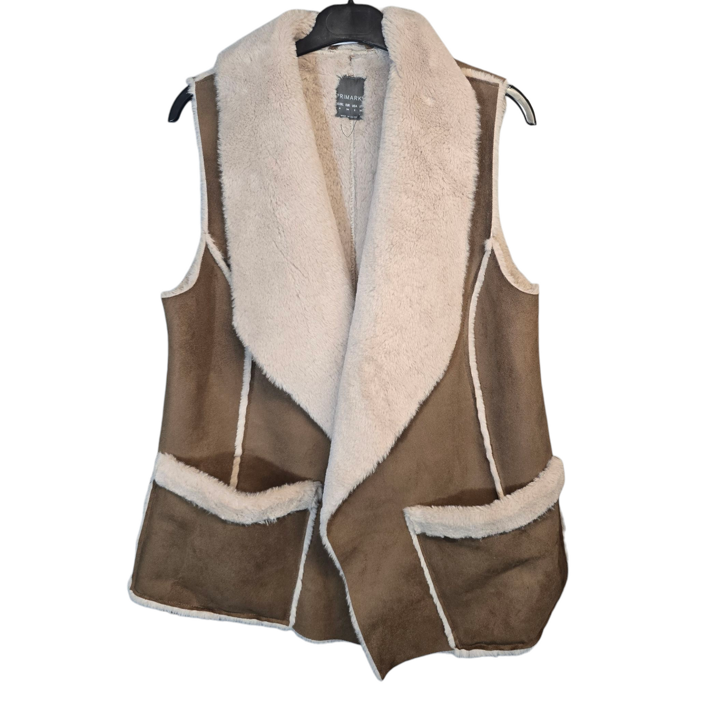 Primark Brown & Cream Fleece-Lined Sleeveless Gilet – Size 6 (Oversized Fit to 8)