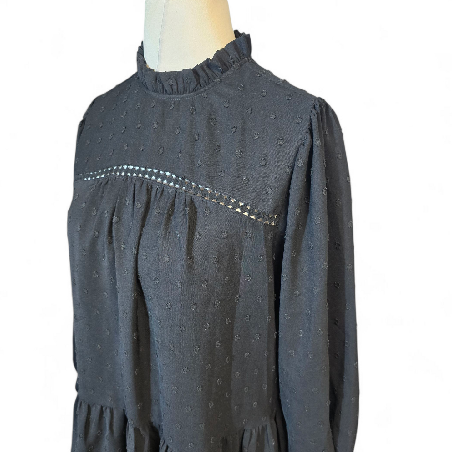 Matalan Black Peplum Blouse – Frilly Neck, ¾ Sleeves & Embossed Polka Dot Design – Size 16