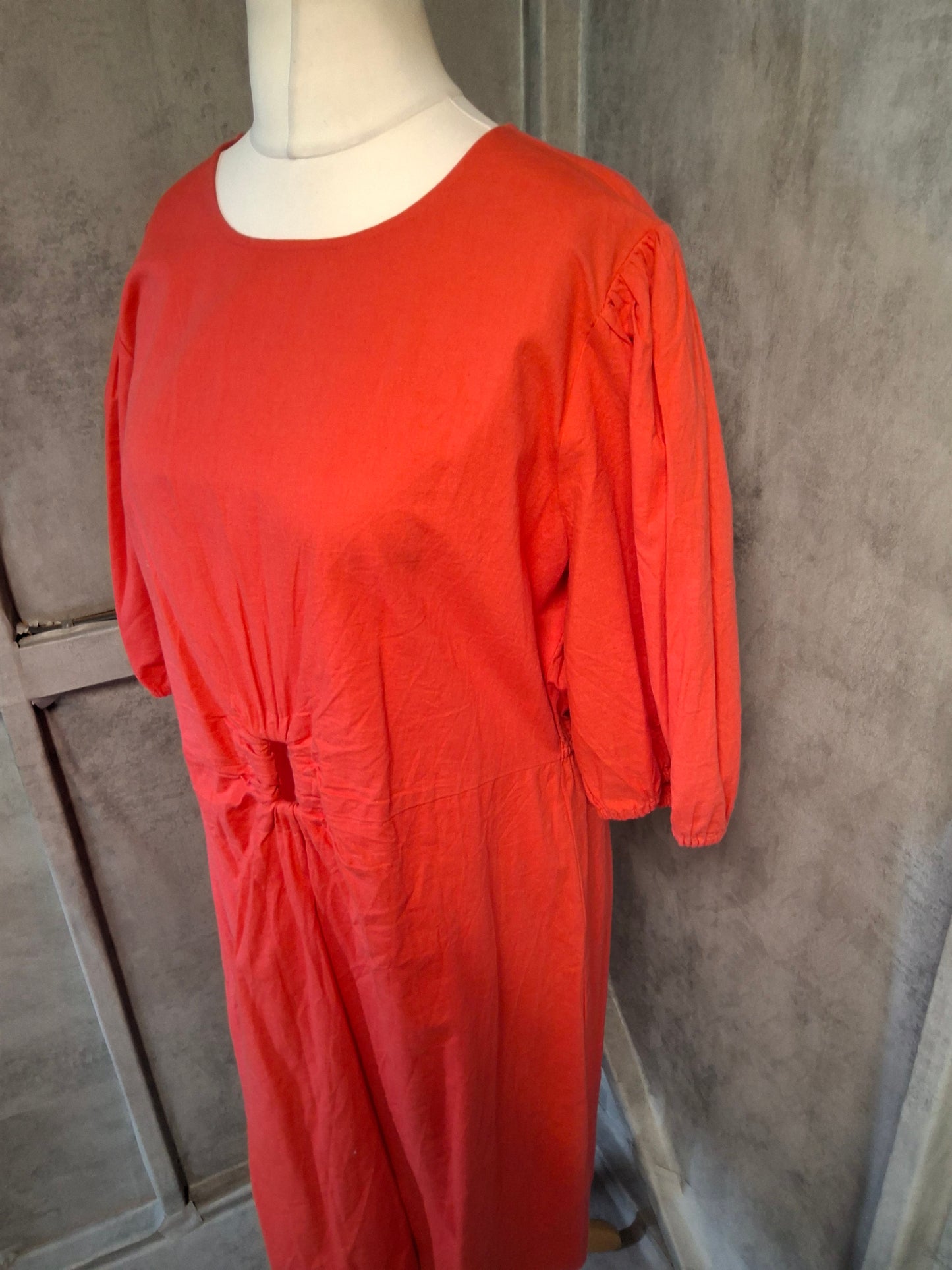Primark Red Linen Blend Puff Sleeve Cut-Out Dress – Size 20