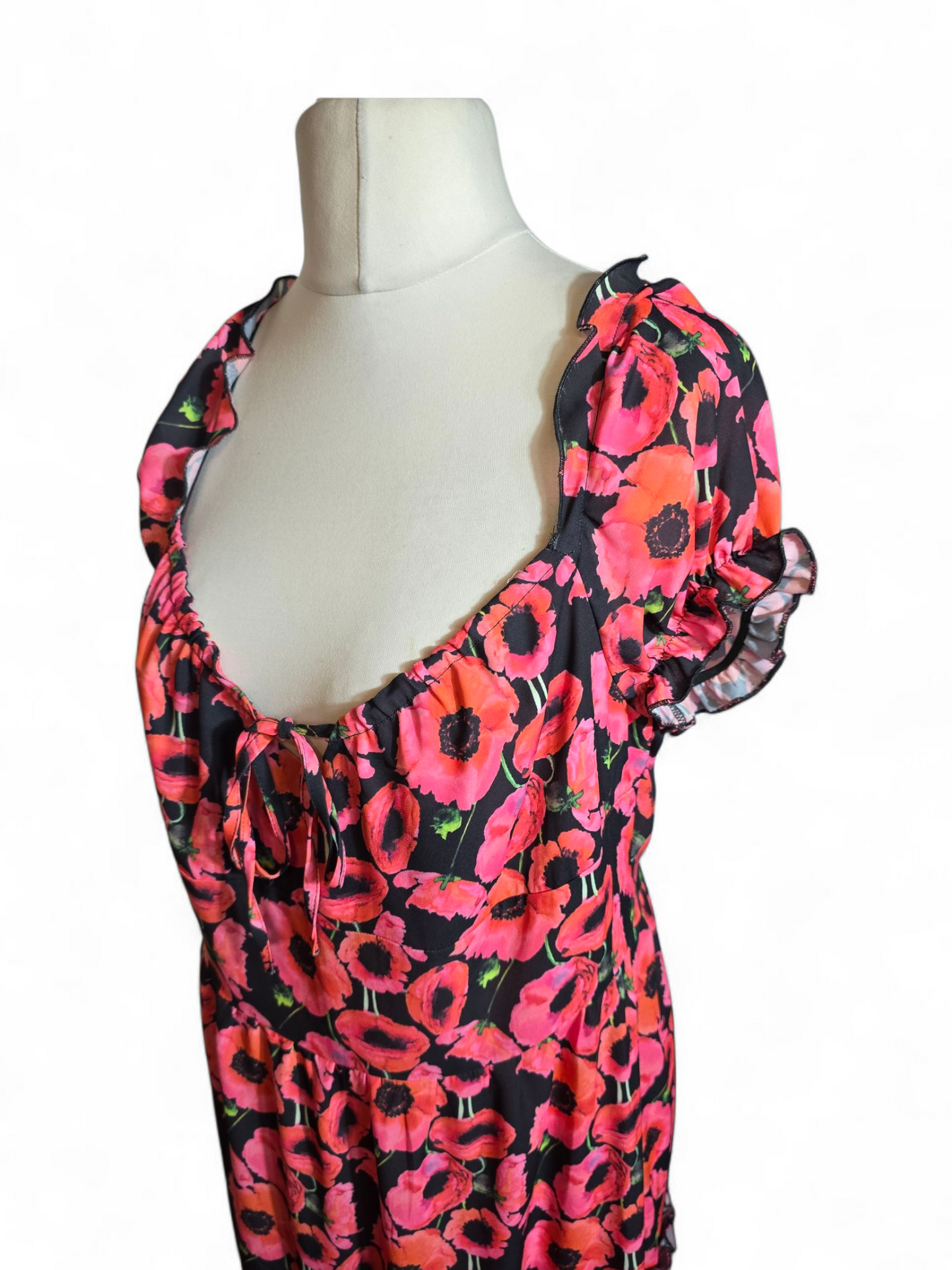 Boohoo Black & Pink Floral Midi Dress | Size 18 UK | Frill Detail, NWT, Zip Back