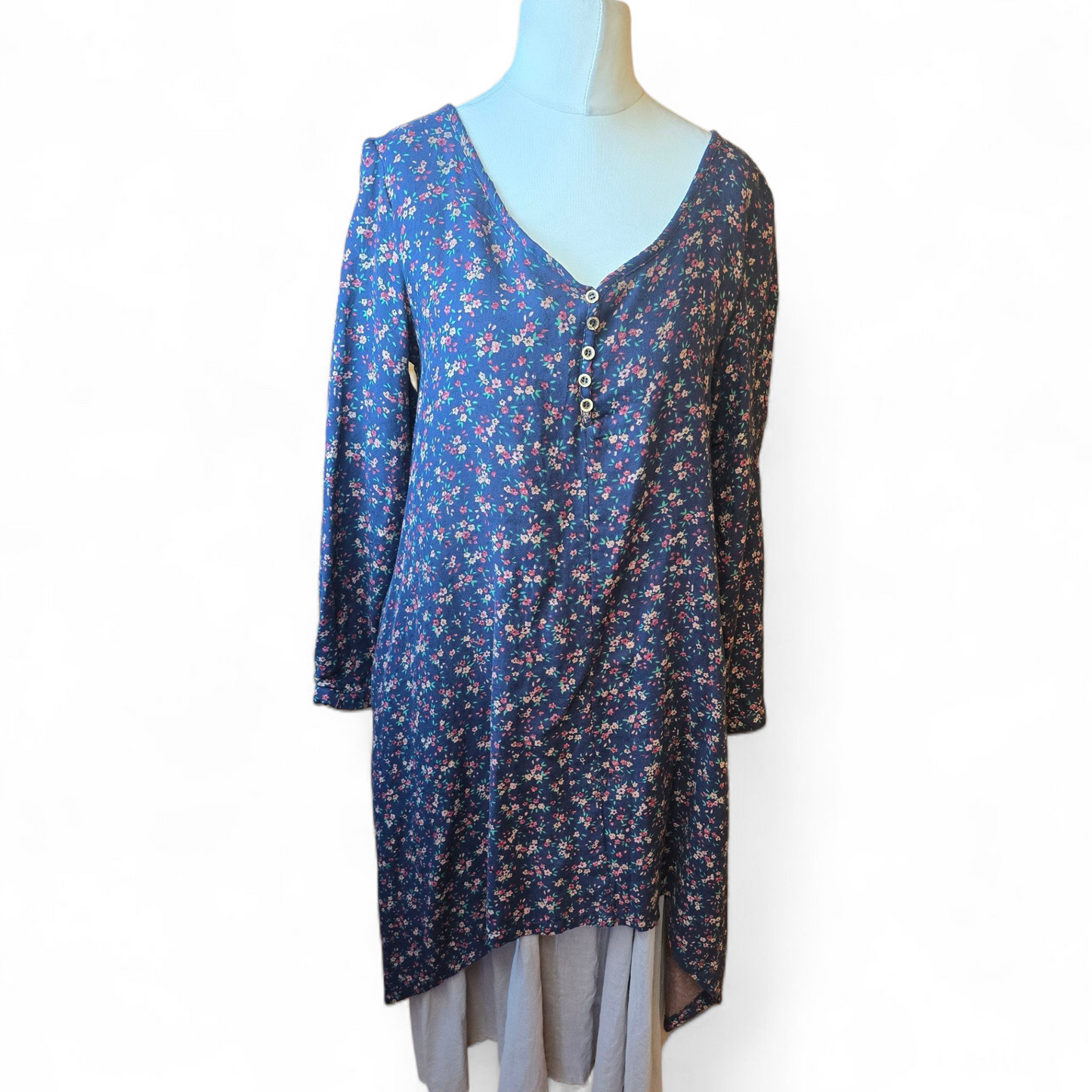 Gracila Navy Floral Maxi Dress – Size M (Pit to Pit 18.5") | Rayon & Cotton | Oversized Fit