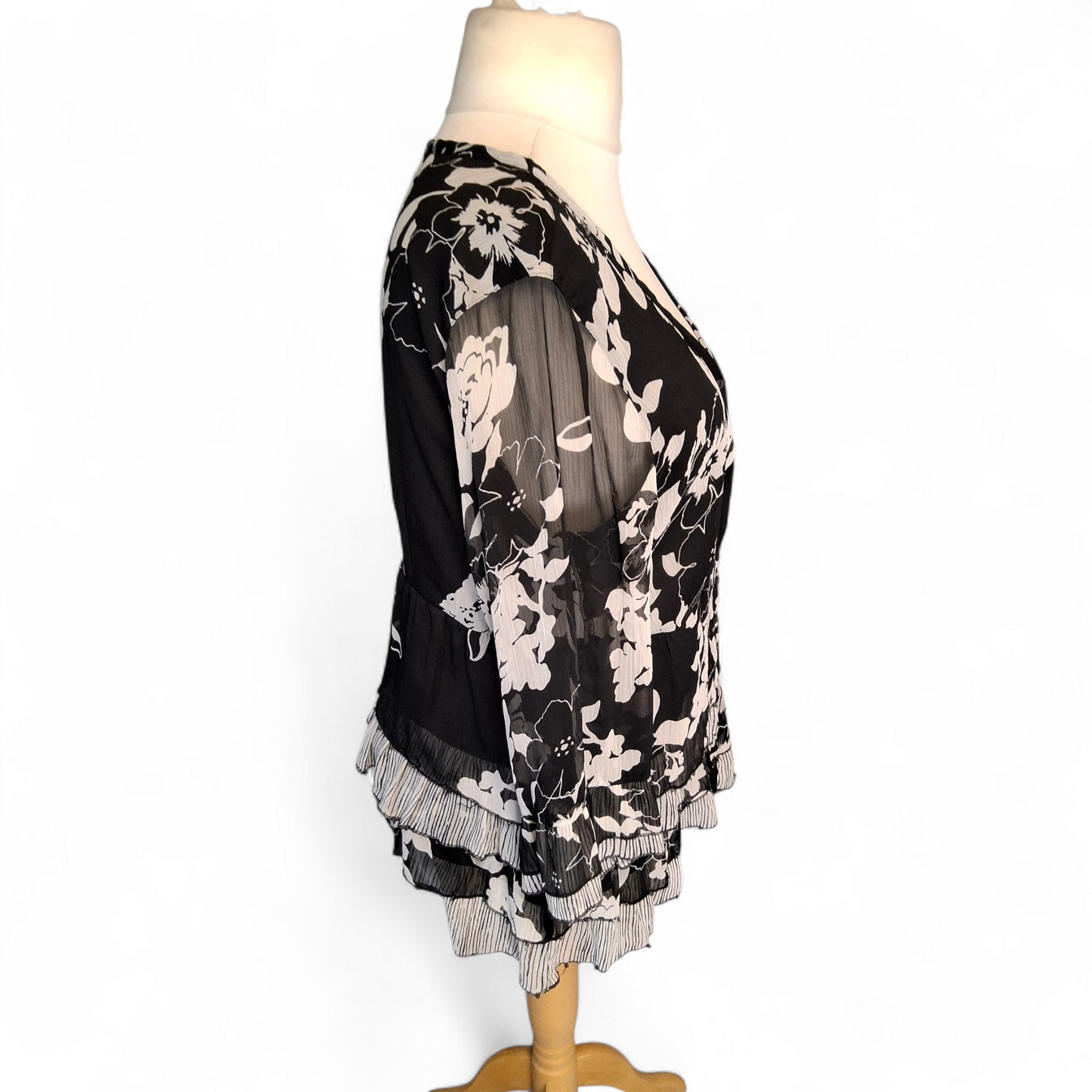 Per Una Black & White Floral Blouse – Size 16 – Sheer Sleeves & Frill Detail
