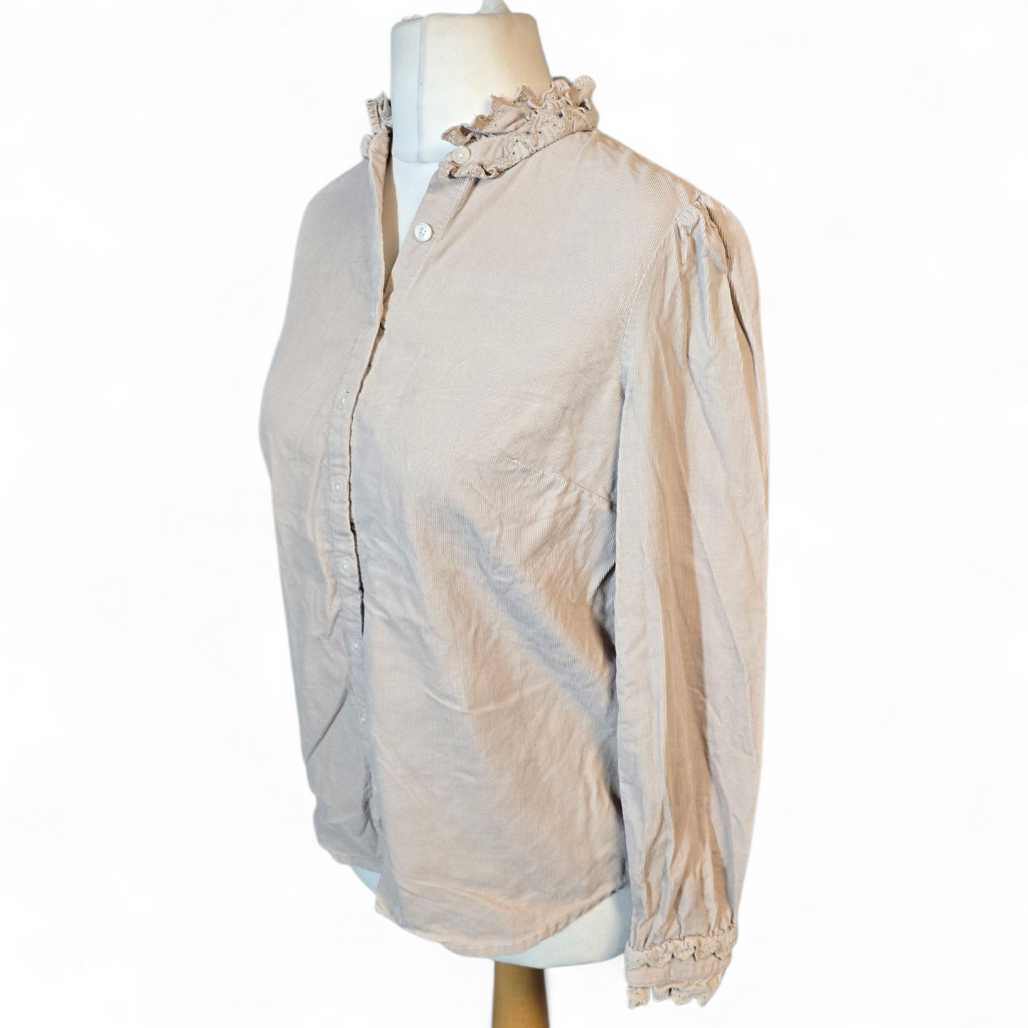 Boden Beige Cord Shirt – Frilly Collar & Cuffs – Size 8 – 100% Cotton