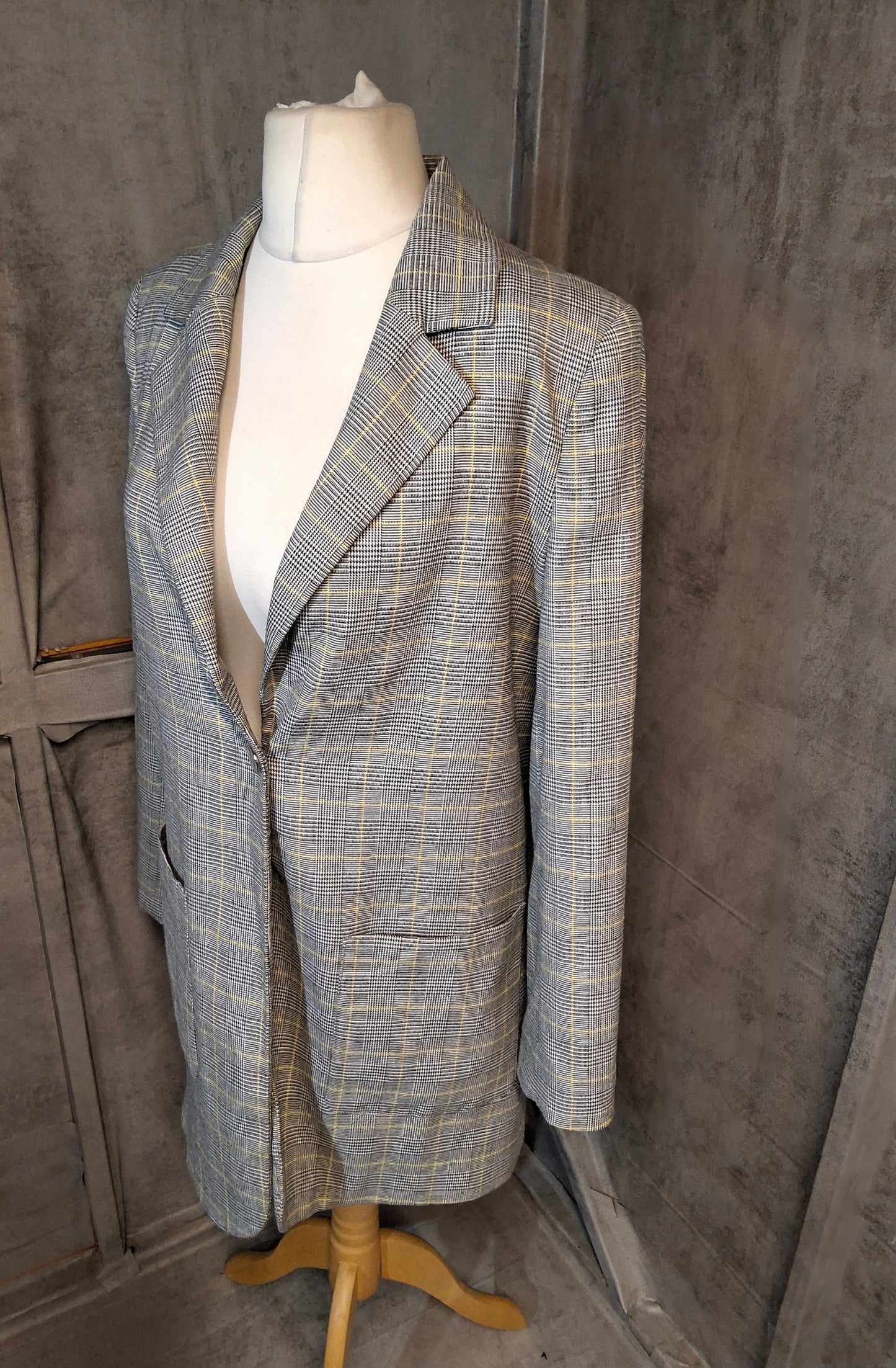 M&S Grey & Yellow Check Oversized Midi Blazer – Size 10