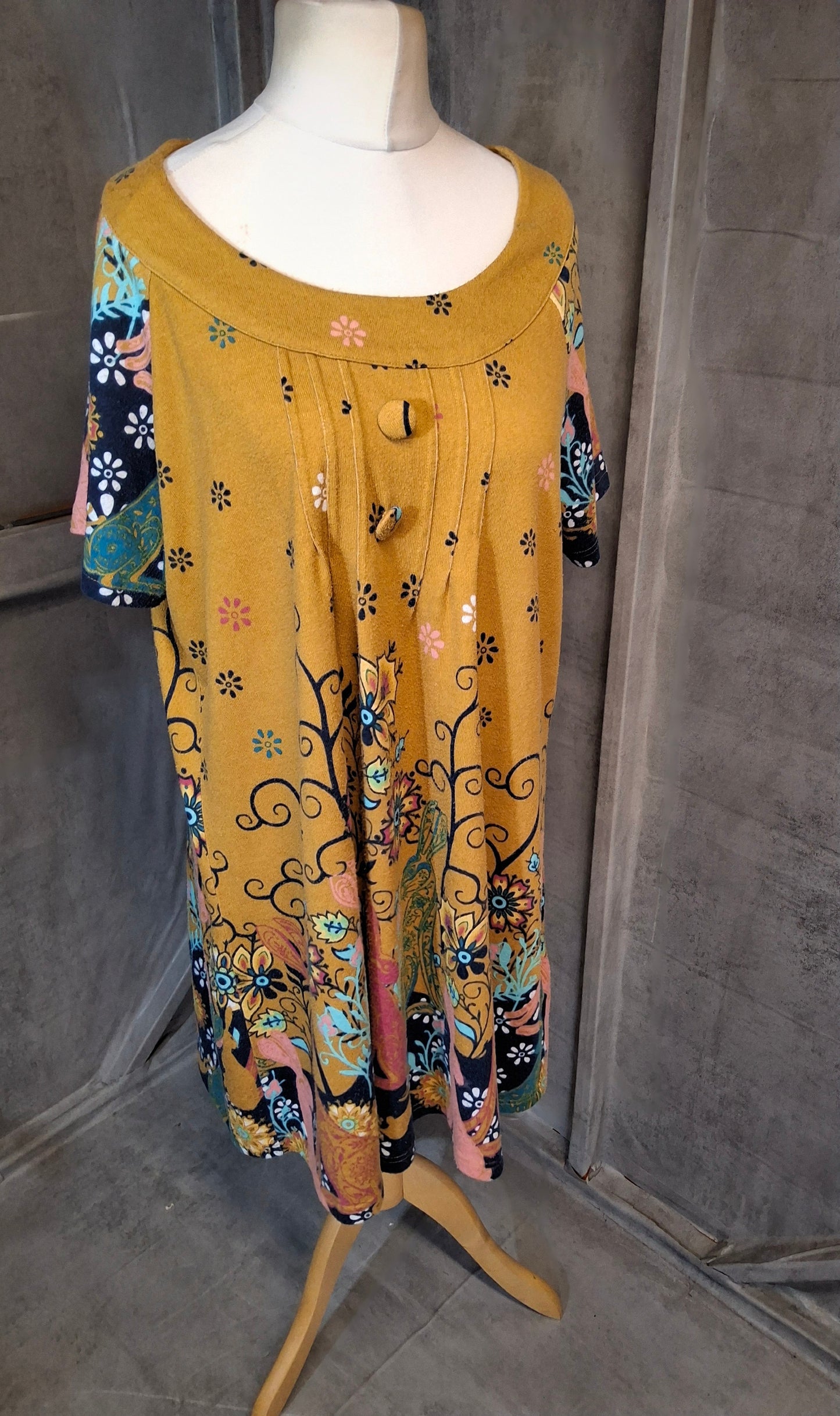 Joe Browns Mustard Yellow Printed Dress – UK 22 – Short Sleeve Knee Length