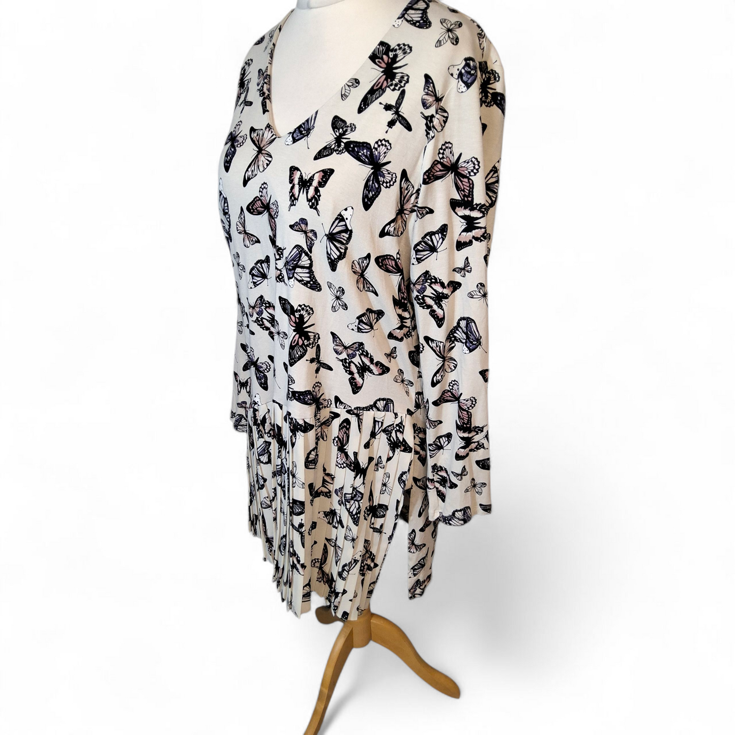 Per Una Cream Butterfly Print Long Top – UK 18 – Pleated Hem & Stretchy Viscose
