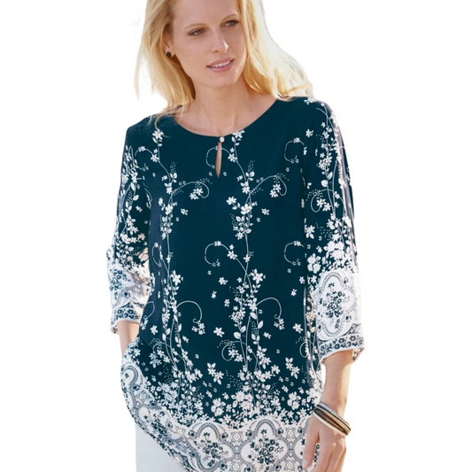 Damart Navy & White Floral Tunic Top – Size 26 – ¾ Sleeves – 100% Viscose