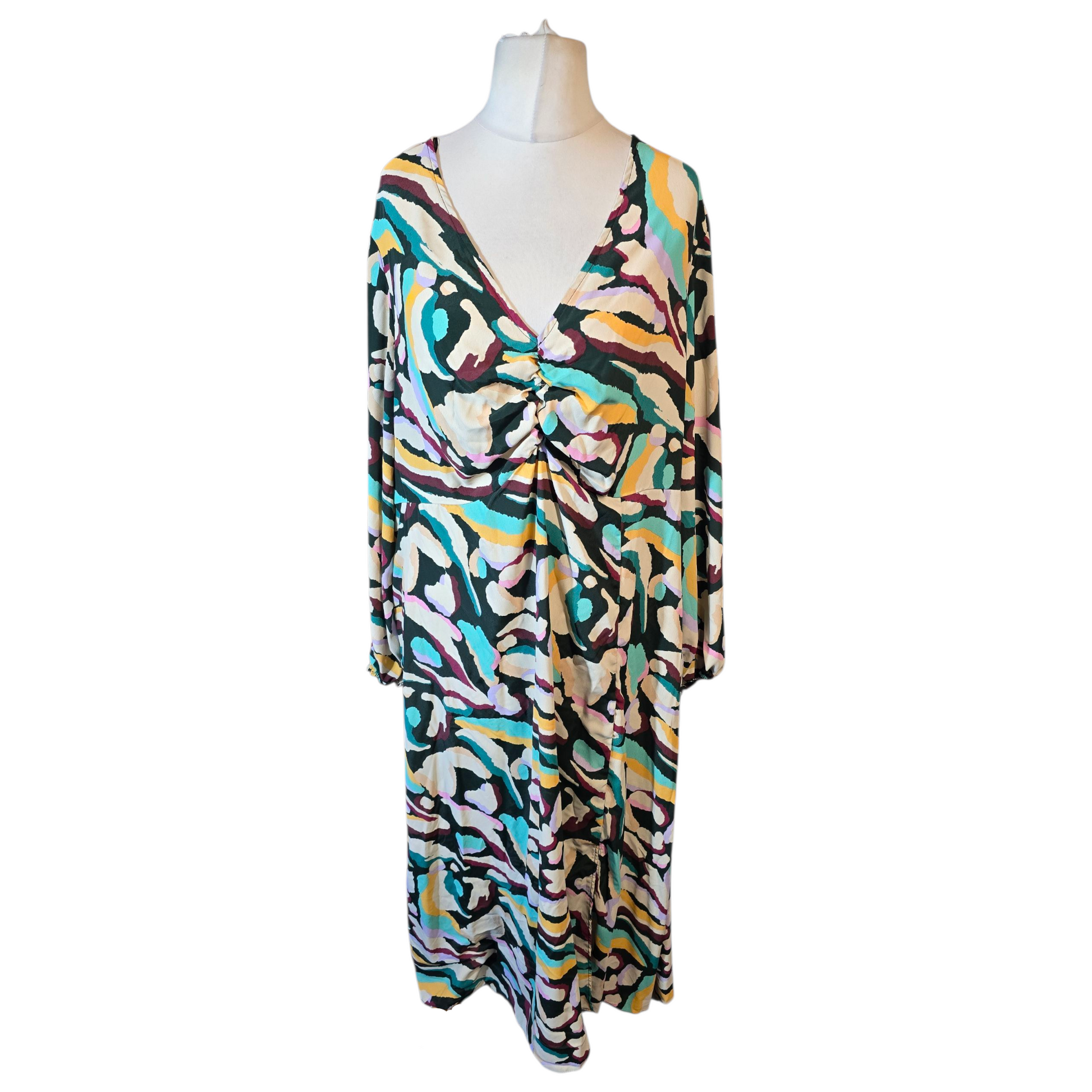 Tu Multicolour Abstract Midi/Maxi Dress – Size 22 – Long Sleeve Ruched Detail