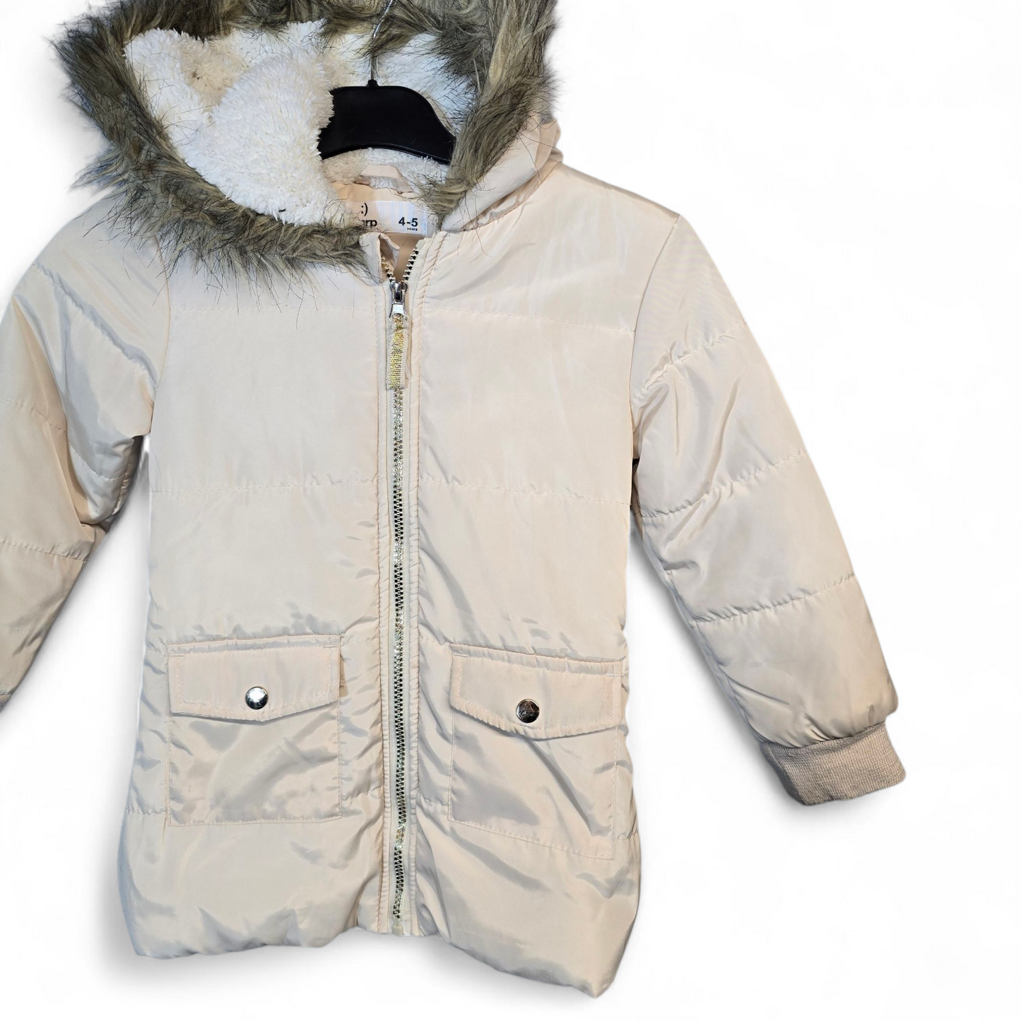 MRP Cream Puffer Coat with Faux Fur Hood – Girls 4-5 Years