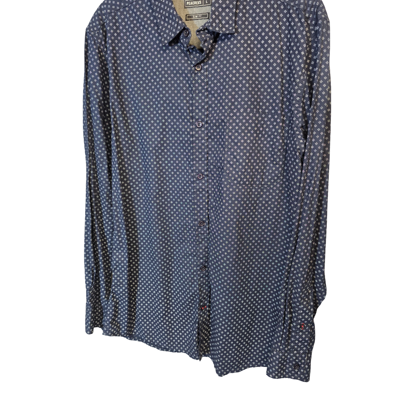 Peacocks Navy & White Patterned Slim Fit Shirt – Men’s Size L – 100% Cotton