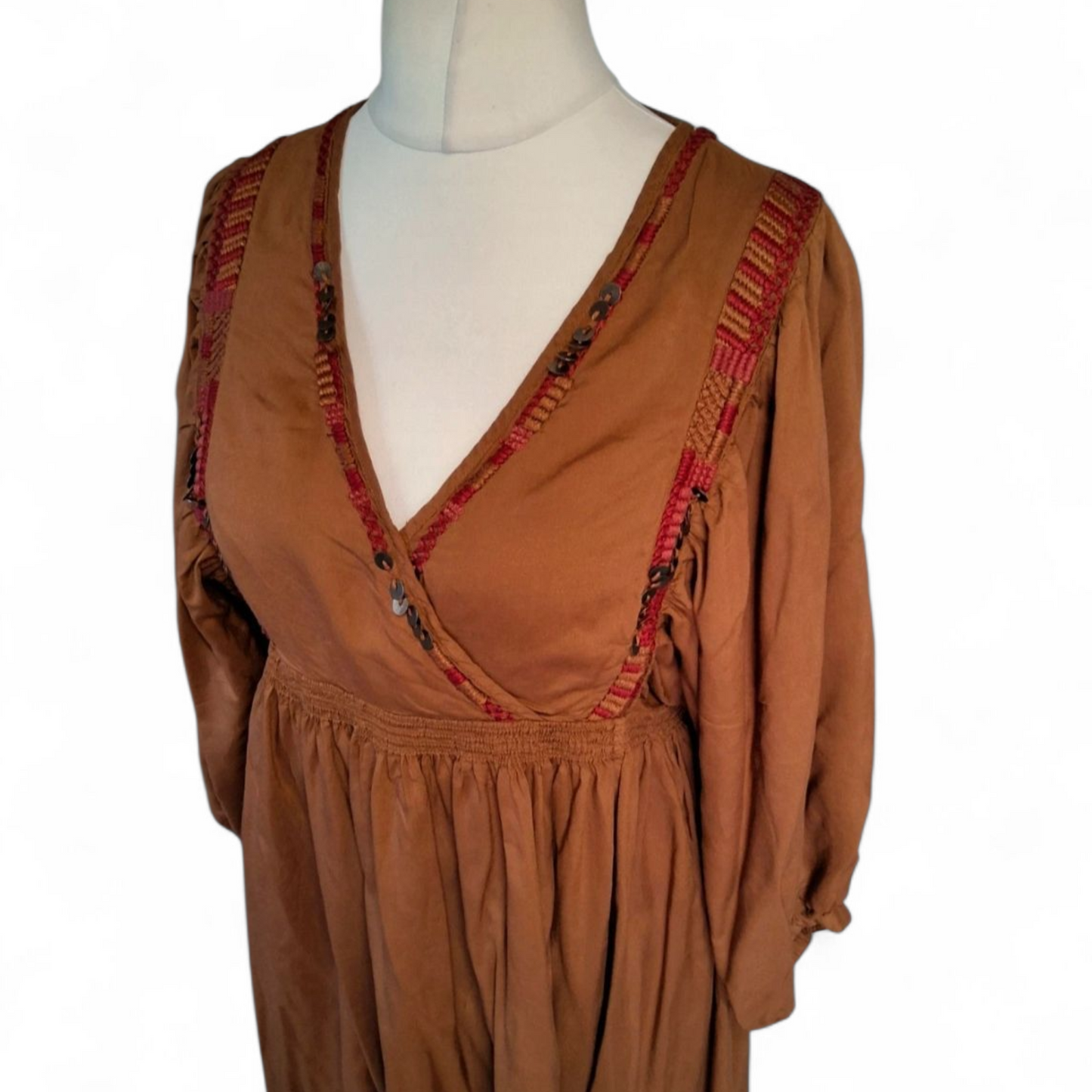 Monsoon Light Brown Embroidered Dress – Size 12 – 100% Viscose