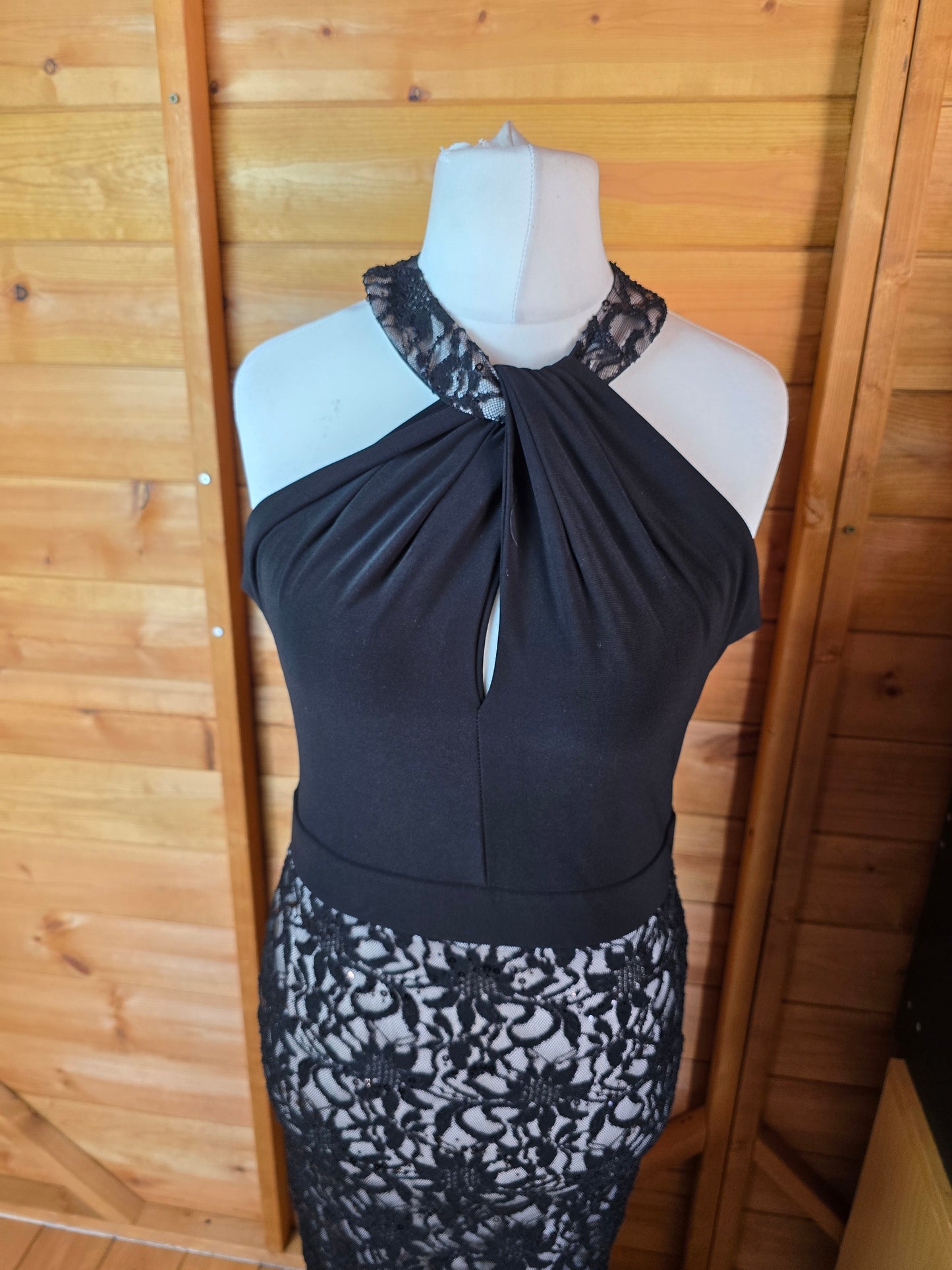 Jane Norman Black Lace Sequin Dress – Size 12, Sleeveless, High Neck, Long A-Line Formal Dress