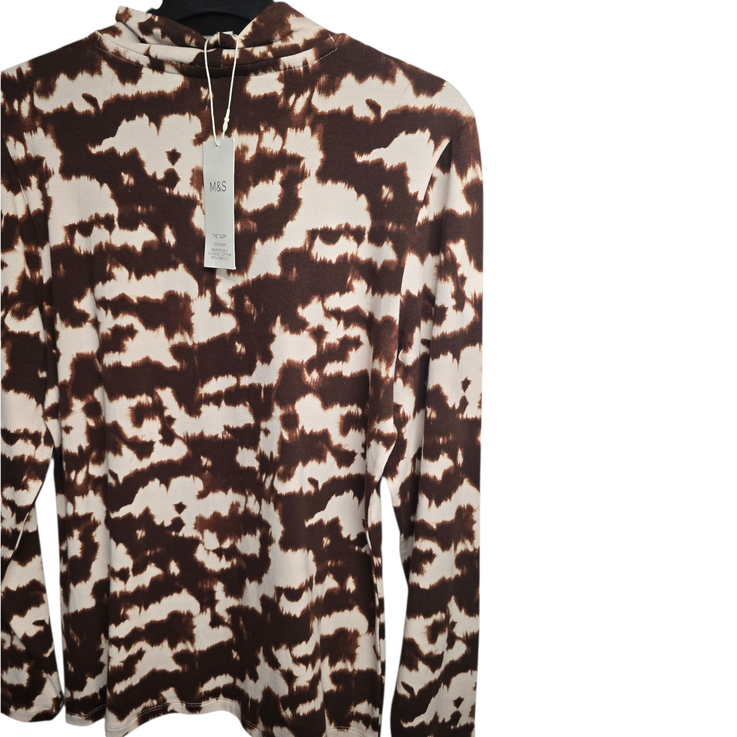 M&S Brown & White Animal Print High Neck Top – Size 14 – NWT – 95% Cotton