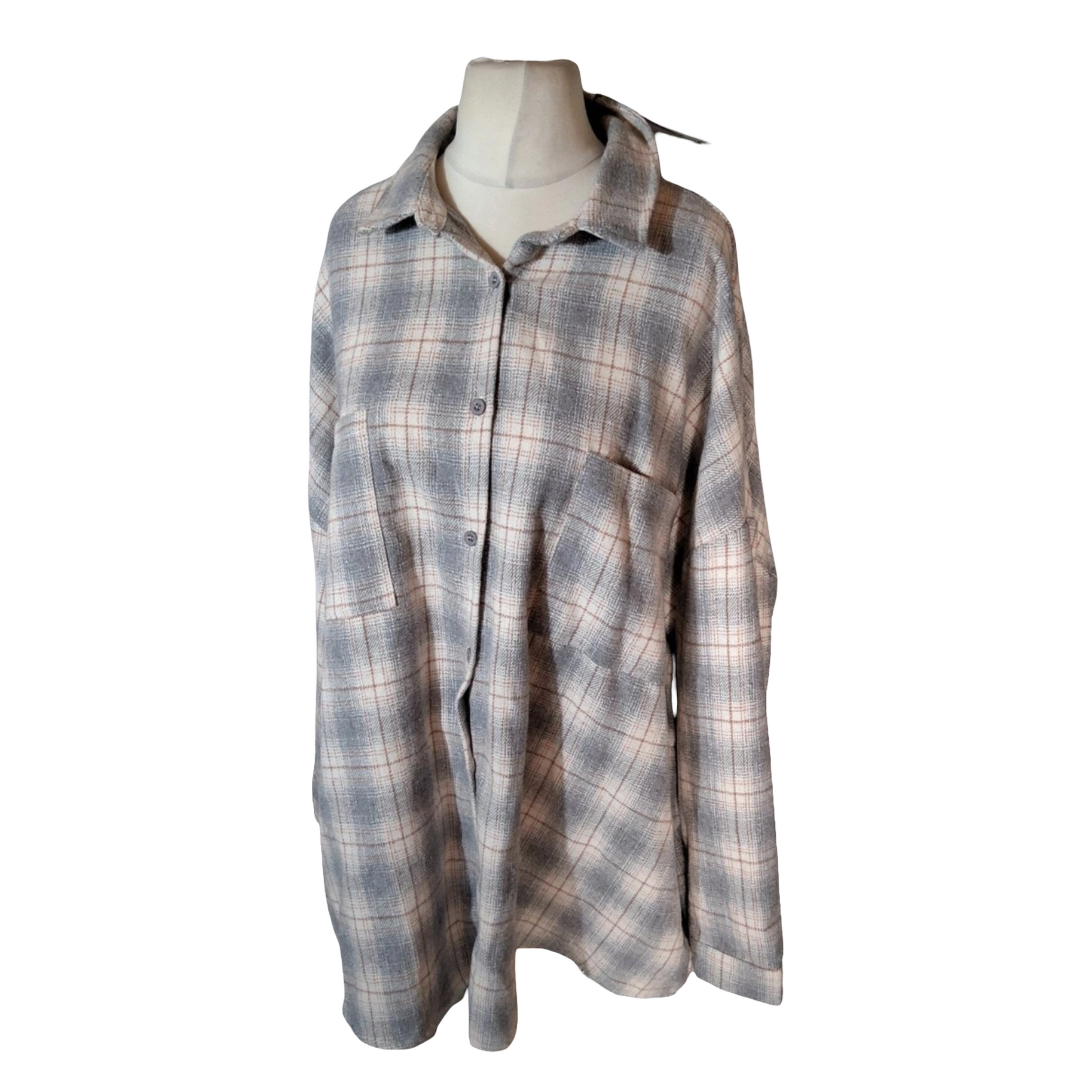 Boohoo Grey & Orange Checked Oversized Shirt – Size 14 – NWT