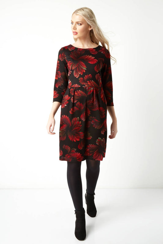 Roman Black & Red Floral Midi Dress – Long Sleeves, Pockets, Size 18 – Viscose/Polyester
