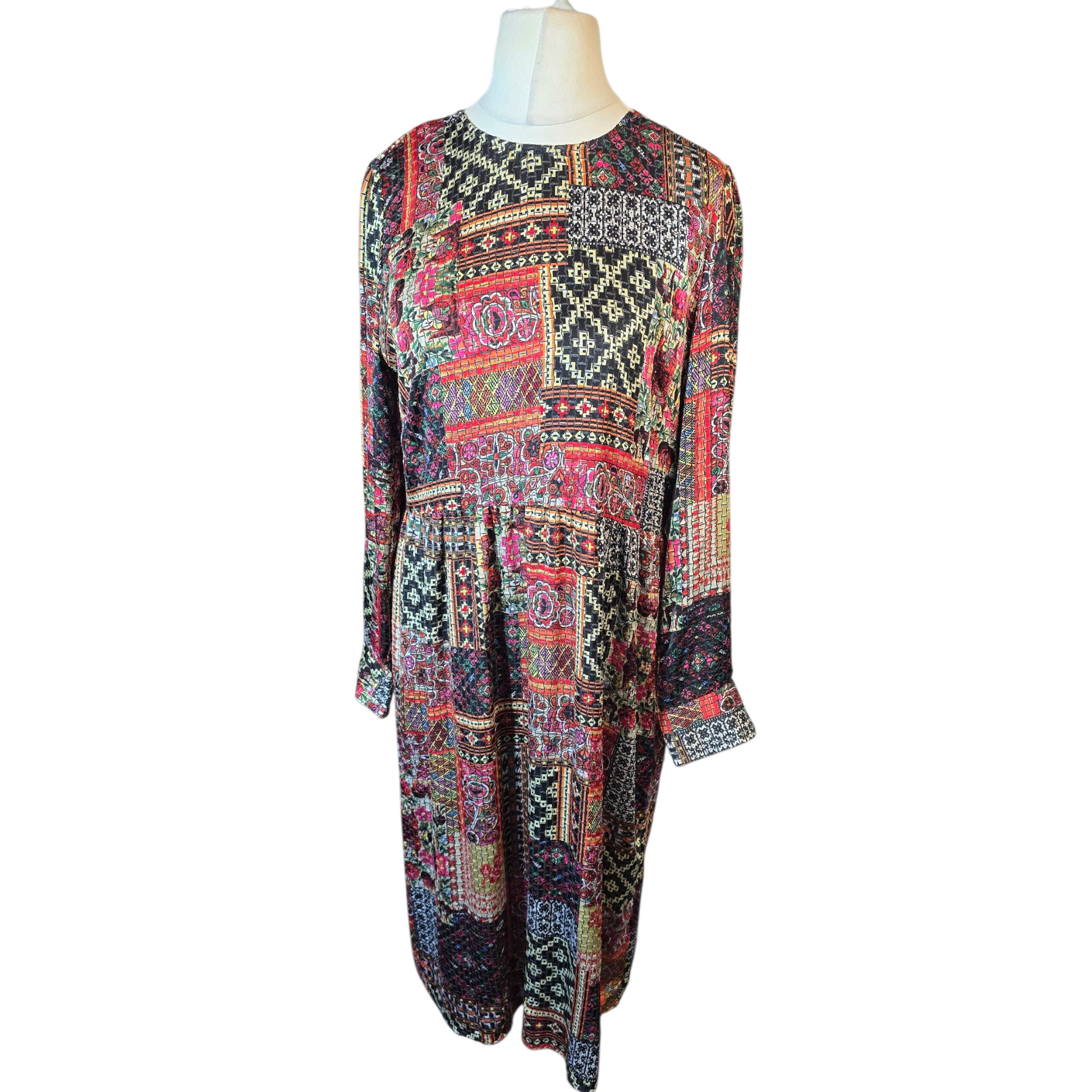 Zara Multicoloured Patchwork Velvet-Feel Midi Dress – Size L (UK size 12/14)