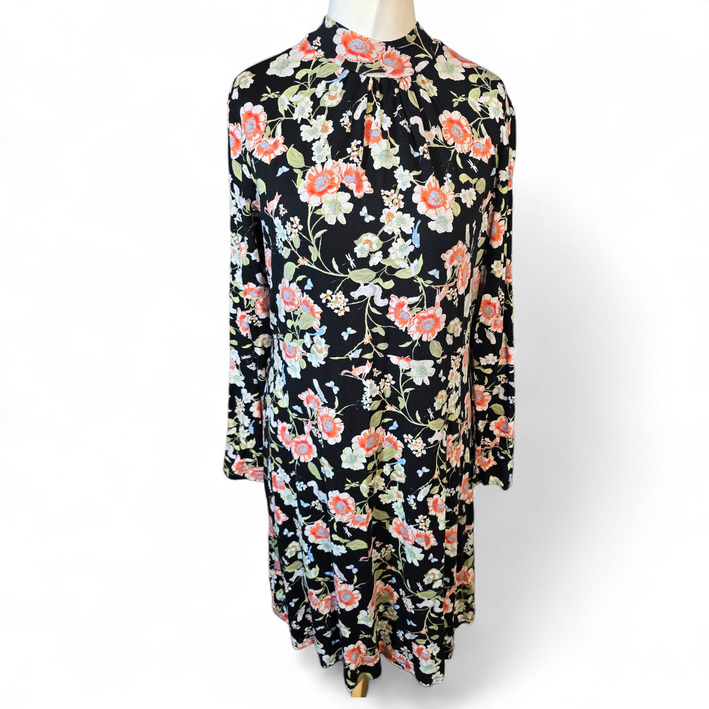 Tu Black Floral Stretch Dress – High Neck, Knee to Midi Length – Size 16