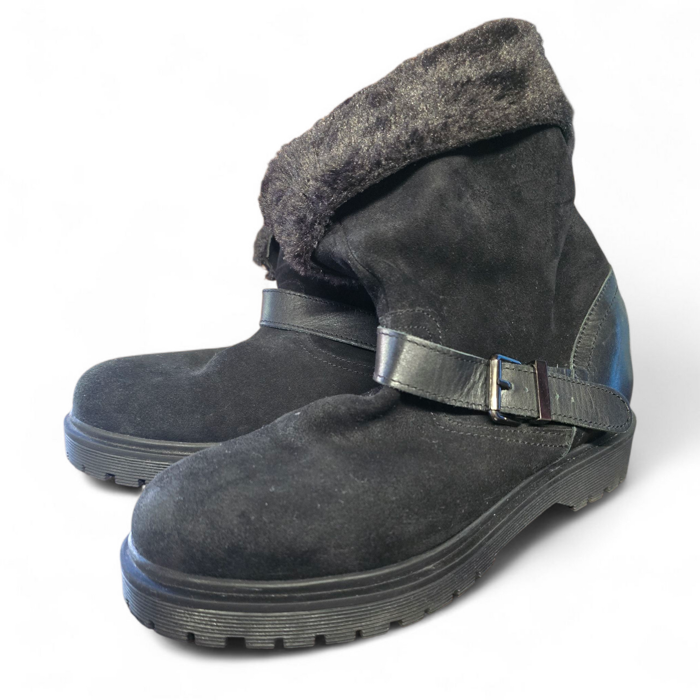 Next Black Faux Fur Ankle Boots – Size 7 – Leather & Suede Mix with Buckle Detail