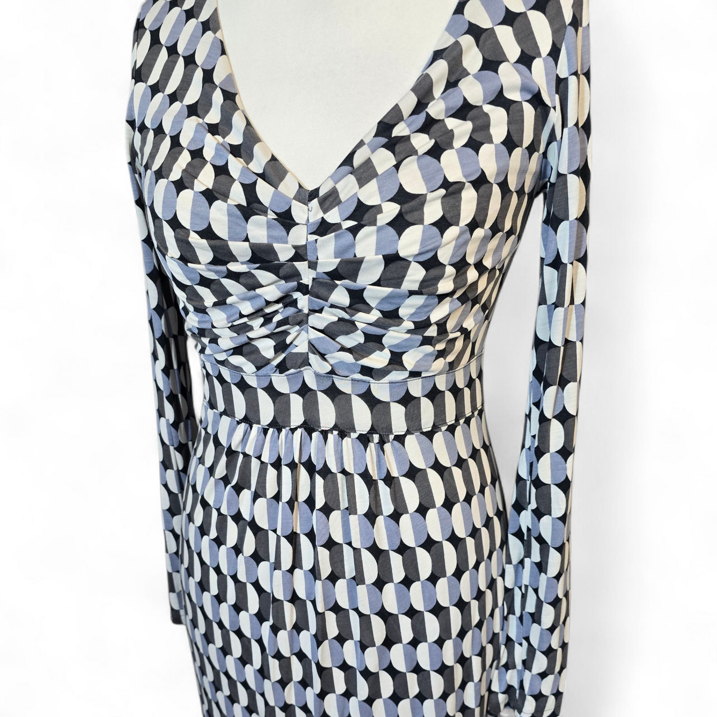 Boden Black, Grey & White Circle Print Midi Dress – Size 8L – Lyocell