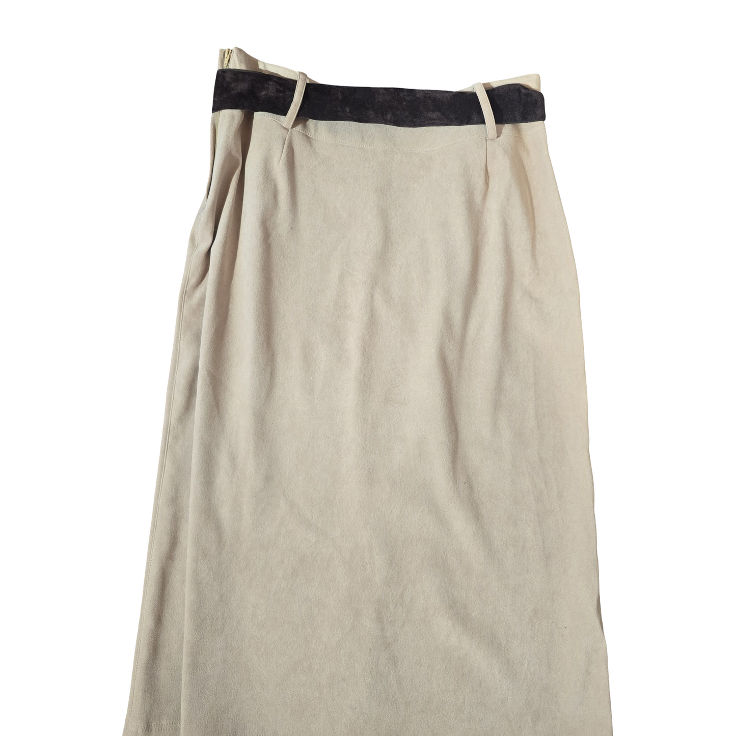 Mila Paoli Beige Suede-Style Midi Skirt – Brown Tassel Belt – Size 10