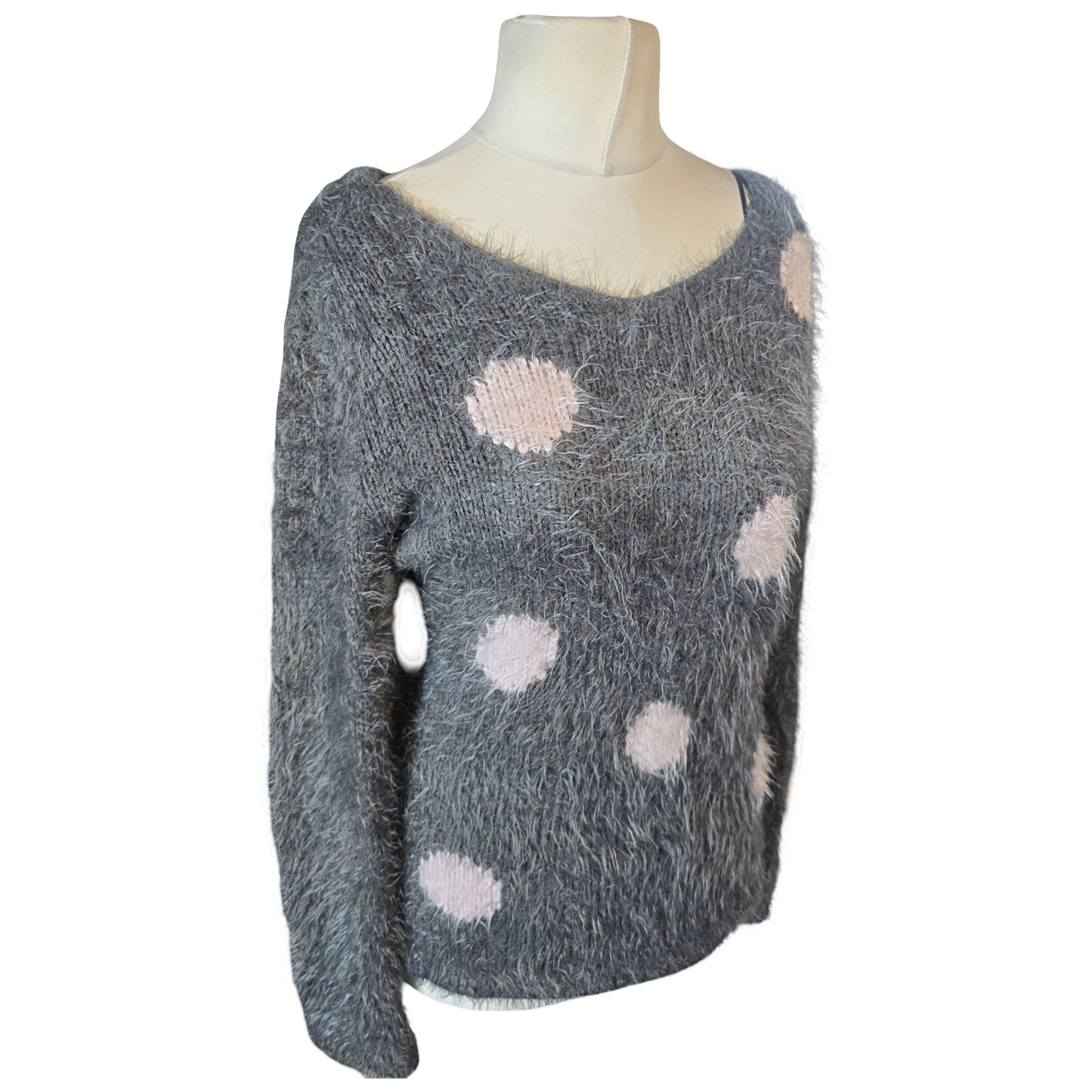 Marble Grey & Pink Polka Dot Fluffy Jumper – Size S (size 8/10 Oversized Fit)