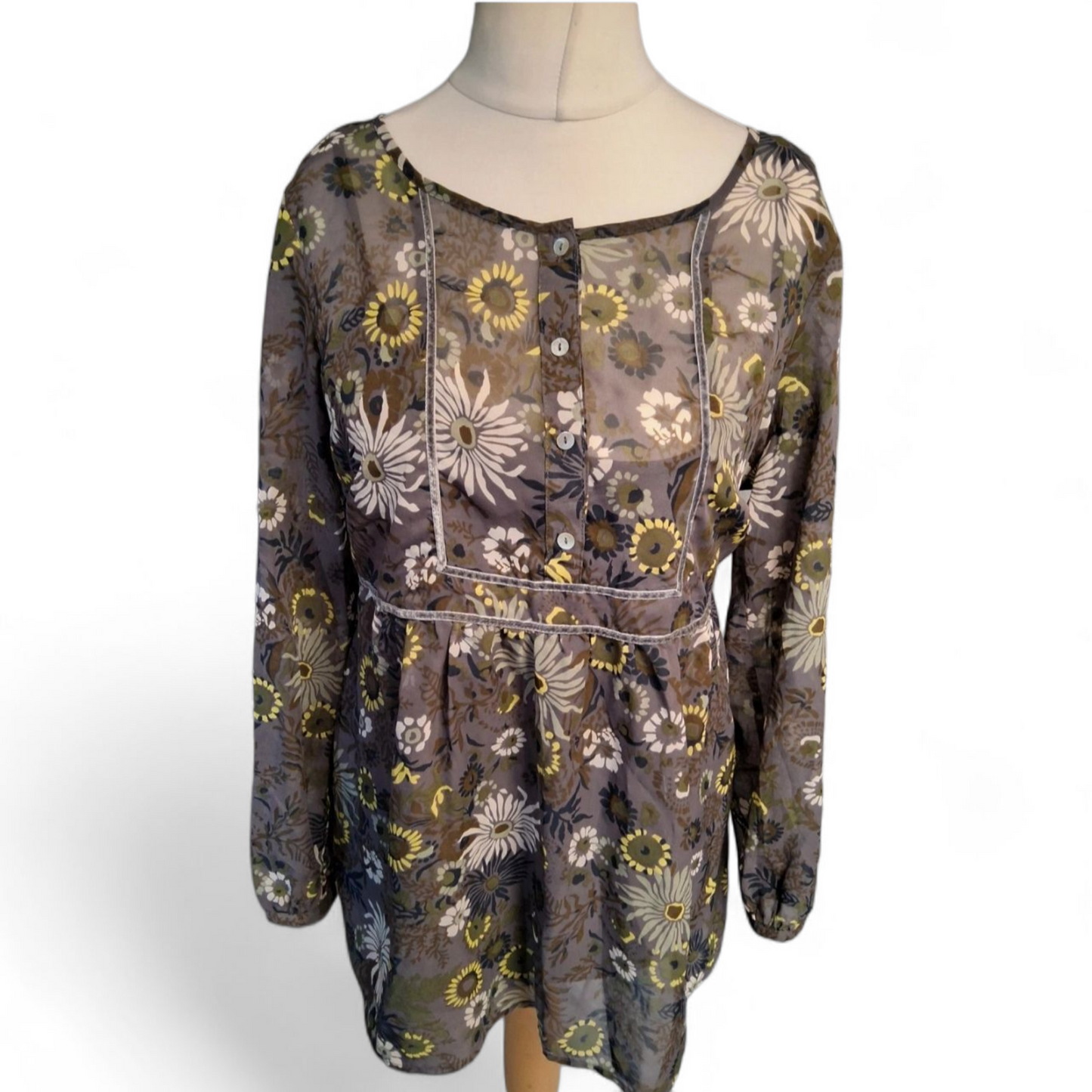 M&S Grey Floral Sheer Blouse with Cami & Tie Belt – Size 14