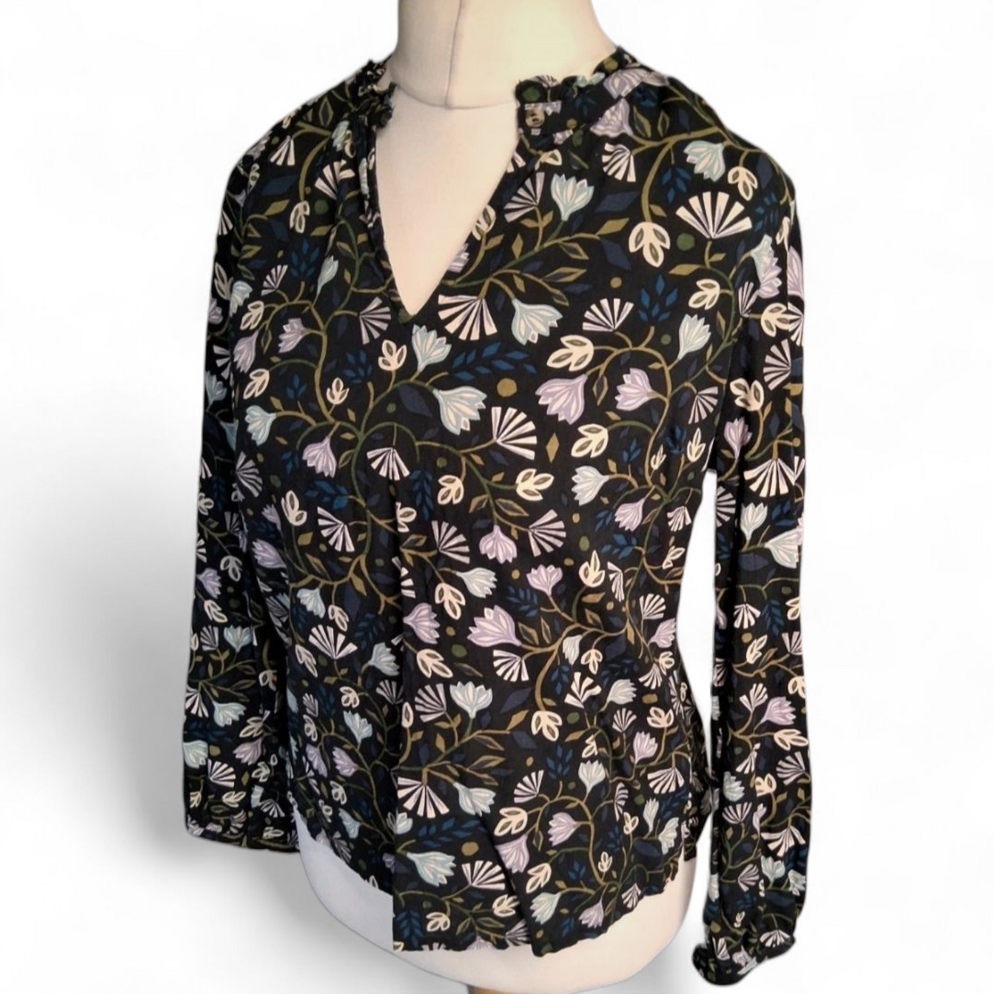 Seasalt Cornwall Black Floral Long Sleeve Blouse – Size 10 – Cotton Blend