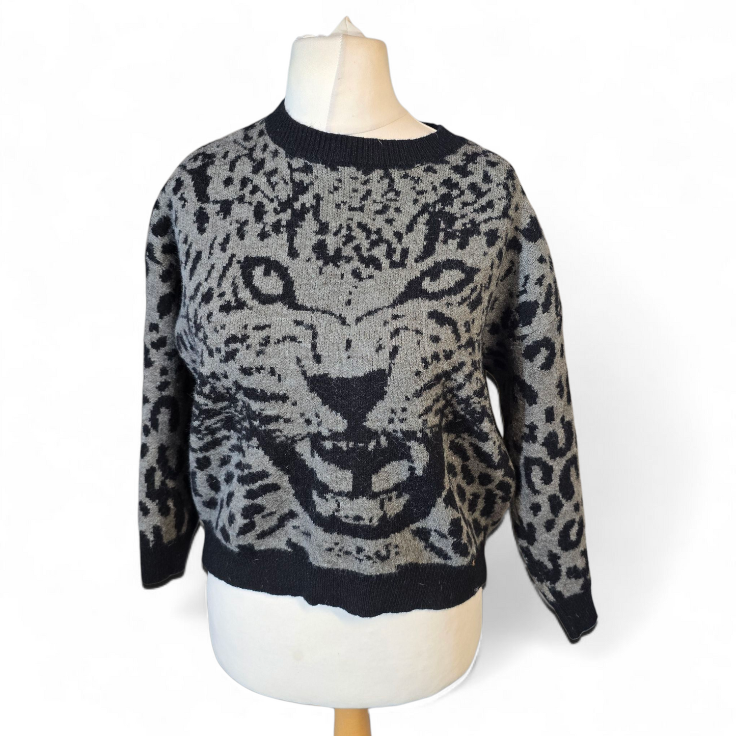 Qed London Grey & Black Animal Print Jumper – Slightly Cropped Oversized Style – Size 10/12