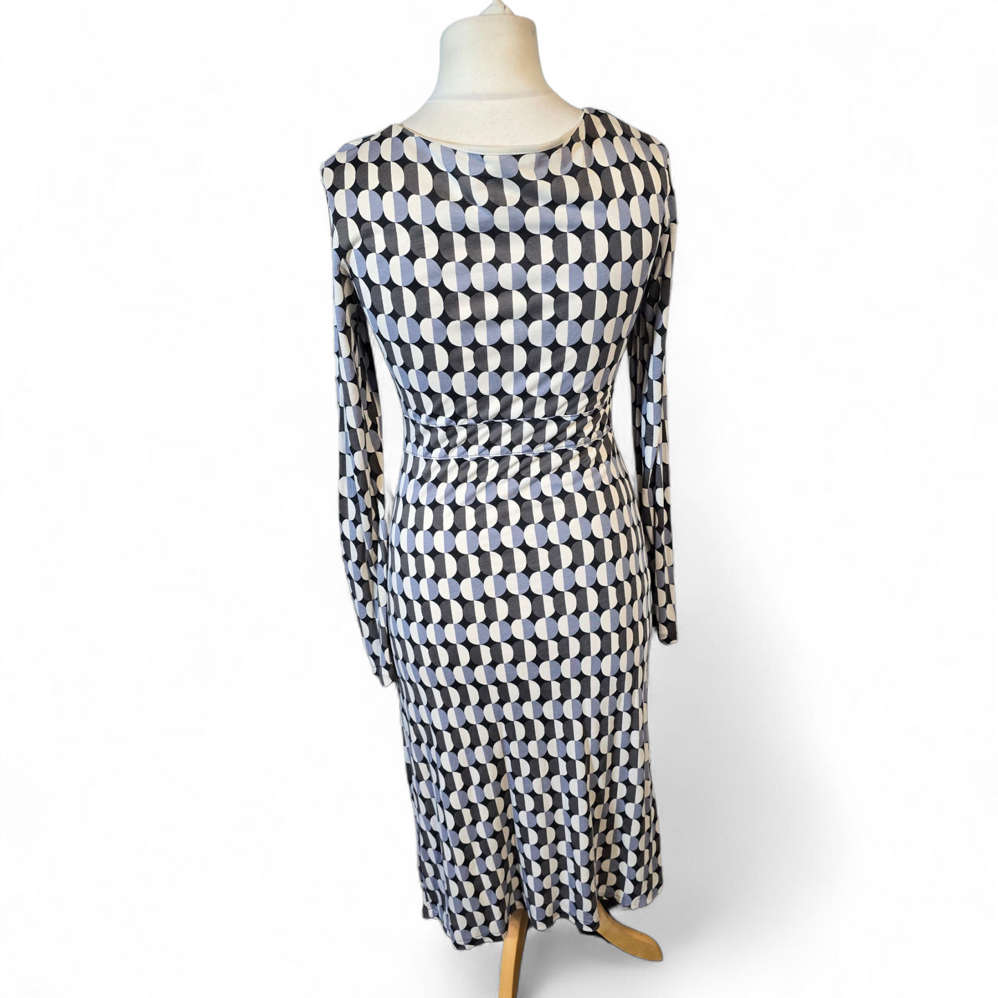 Boden Black, Grey & White Circle Print Midi Dress – Size 8L – Lyocell