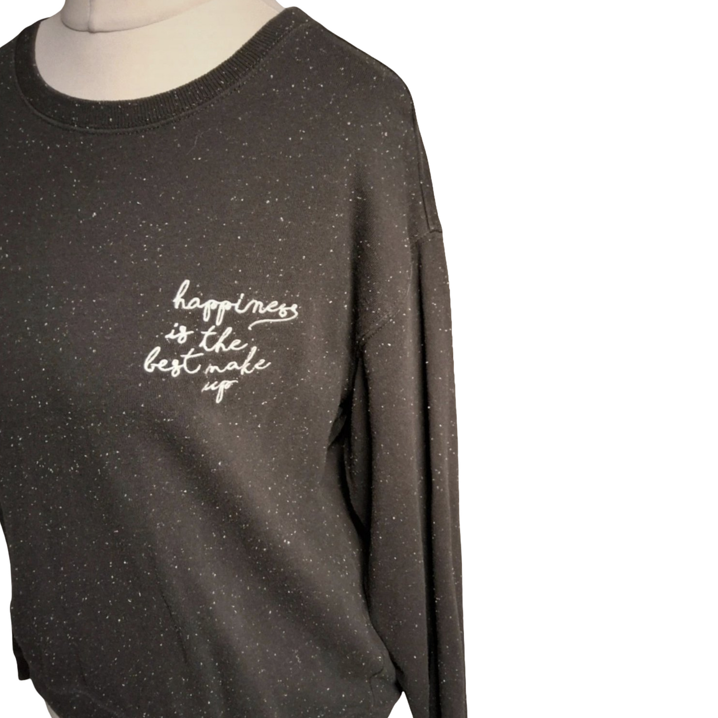 H&M Grey Speckled Slogan Sweatshirt – Size M (UK size 10–12) – “Happiness” Jumper