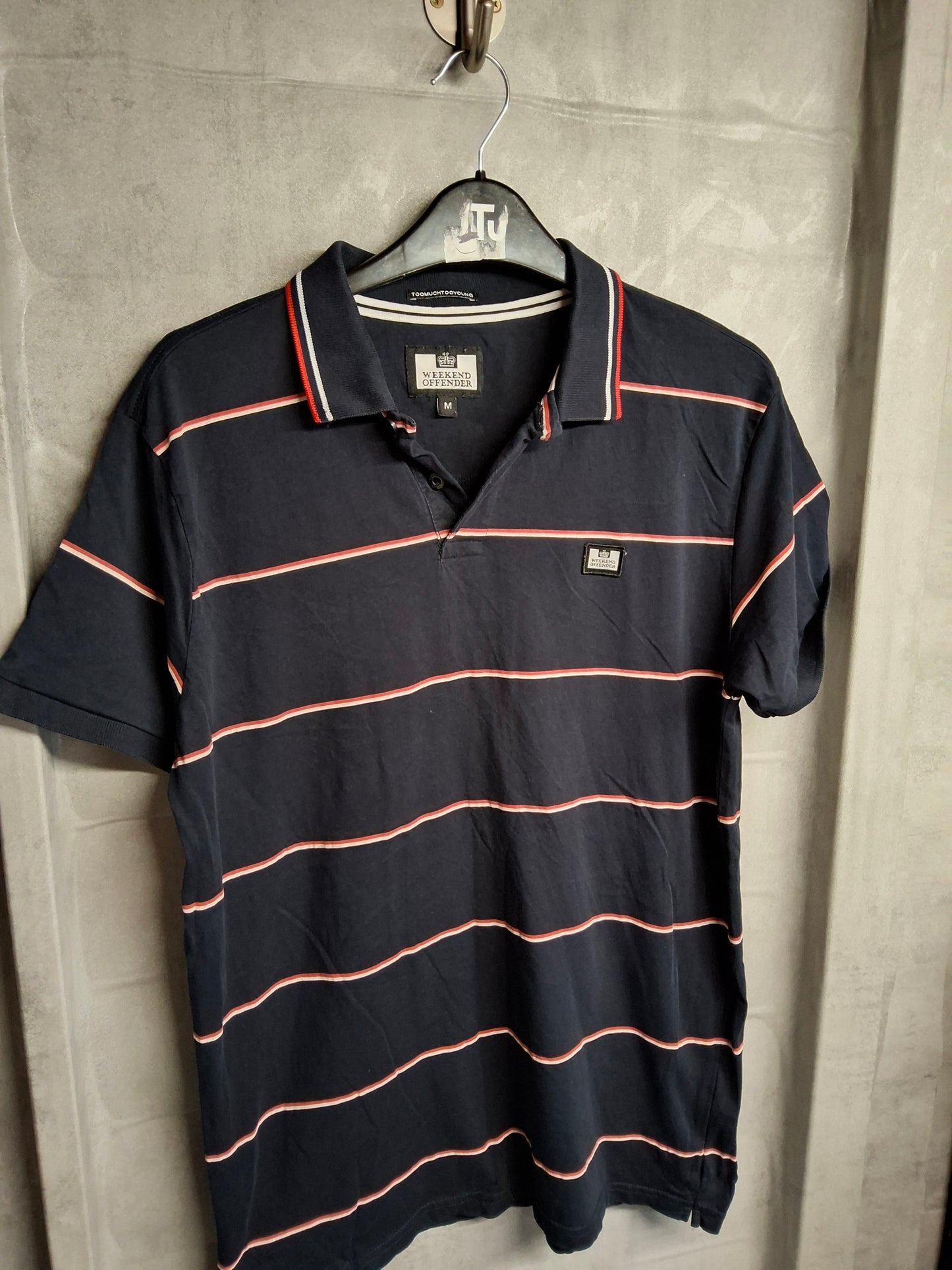 Weekend Offender Men’s Polo Shirt – Navy with Red & White Stripes – Size M – 100% Cotton
