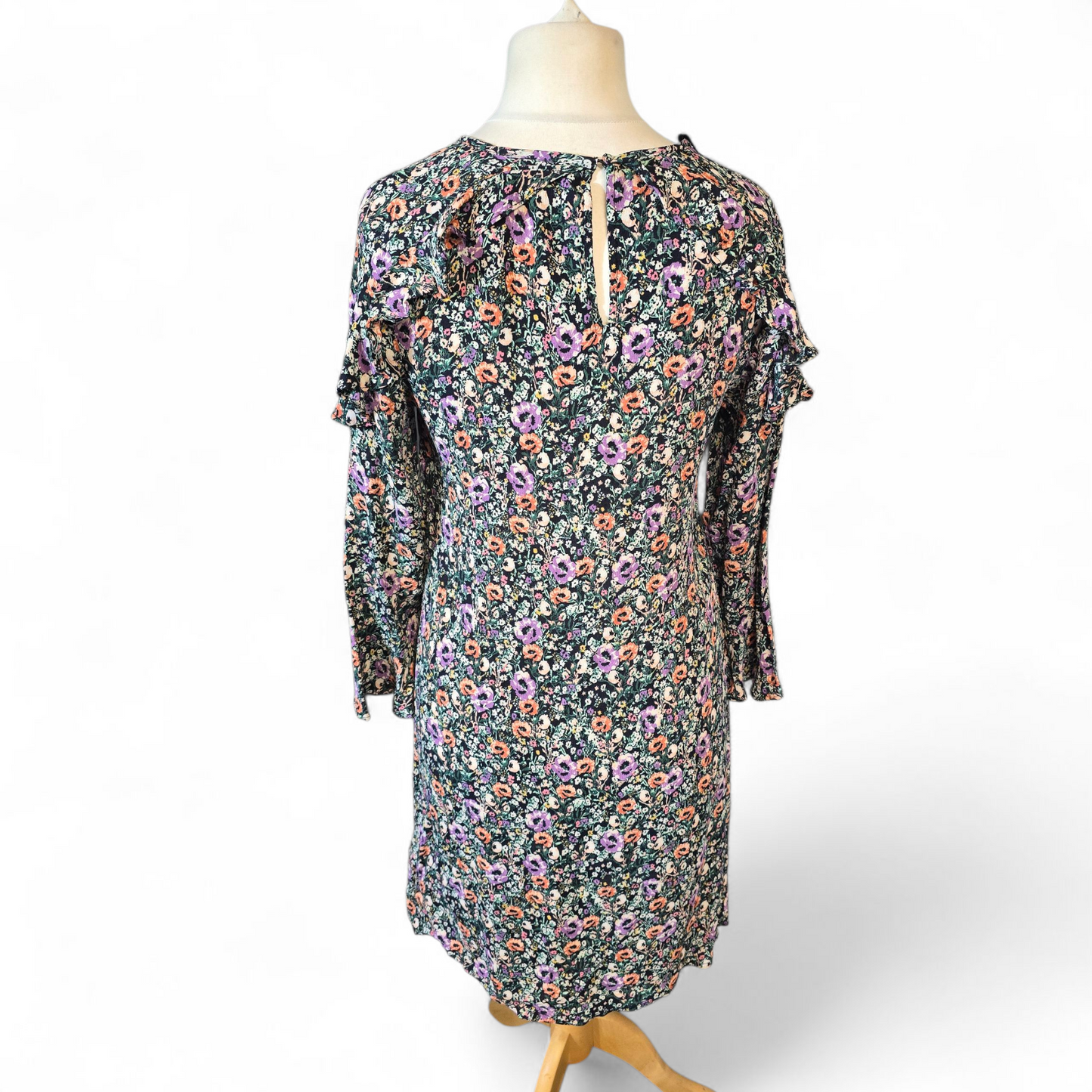 Monsoon Multicoloured Floral Knee-Length Dress – Size 12 – Frill Detail & ¾ Sleeves