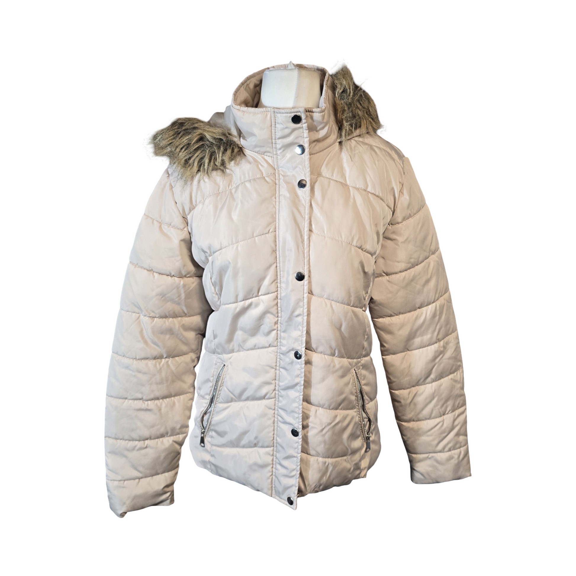 PLT Cream Puffer Coat with Faux Fur Hood – Size 12