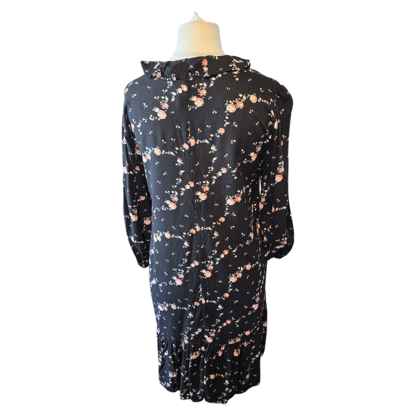 Primark Black Floral Frill Collar Dress – Size 10 – 3/4 Sleeve Viscose