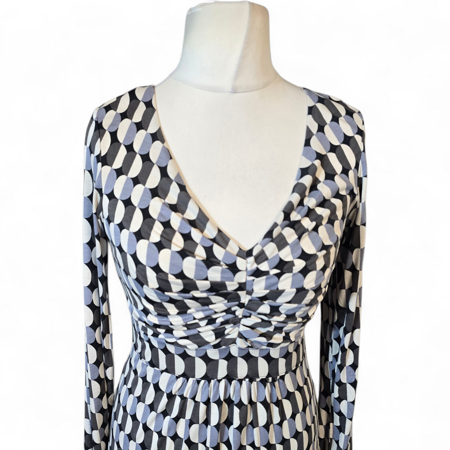Boden Black, Grey & White Circle Print Midi Dress – Size 8L – Lyocell