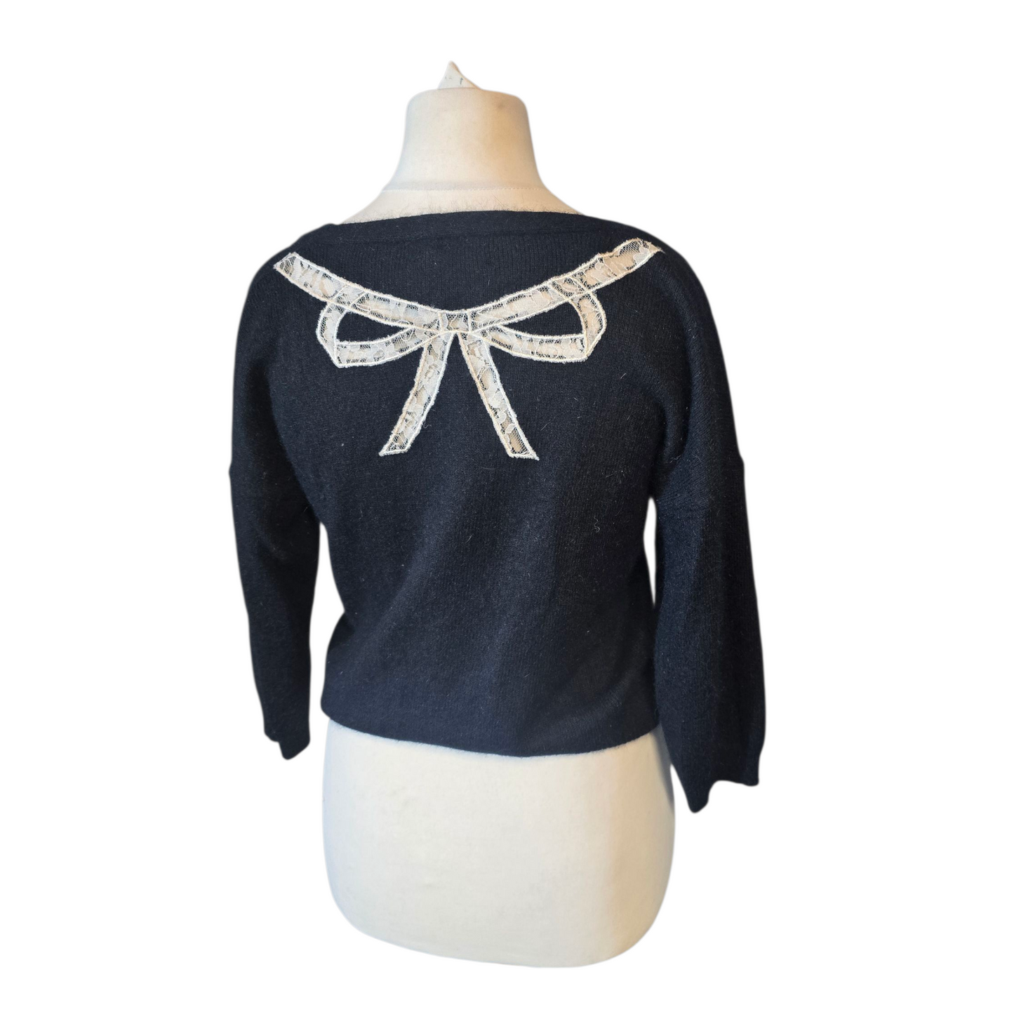 Topshop Black Cropped Cardigan – UK 12 – Bow Back Detail, 3/4 Sleeve