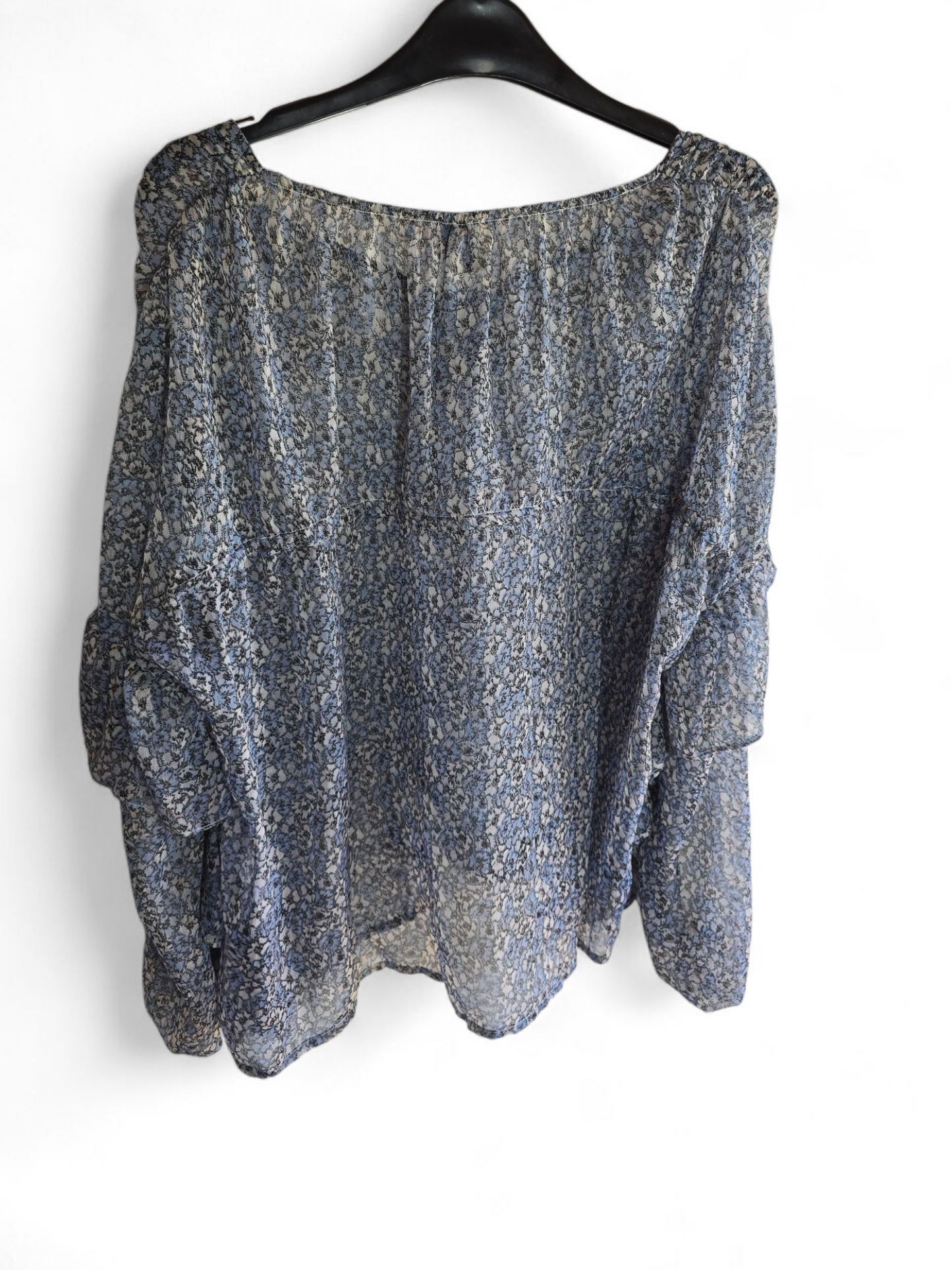 Topshop Blue & White Sheer Floral Blouse | Size 10 UK | Frill Shoulder & Bow Tie