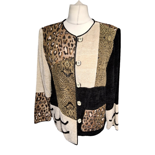 Indigo Moon Vintage Patchwork Cardigan – Animal Print, Shoulder Pads, Size M