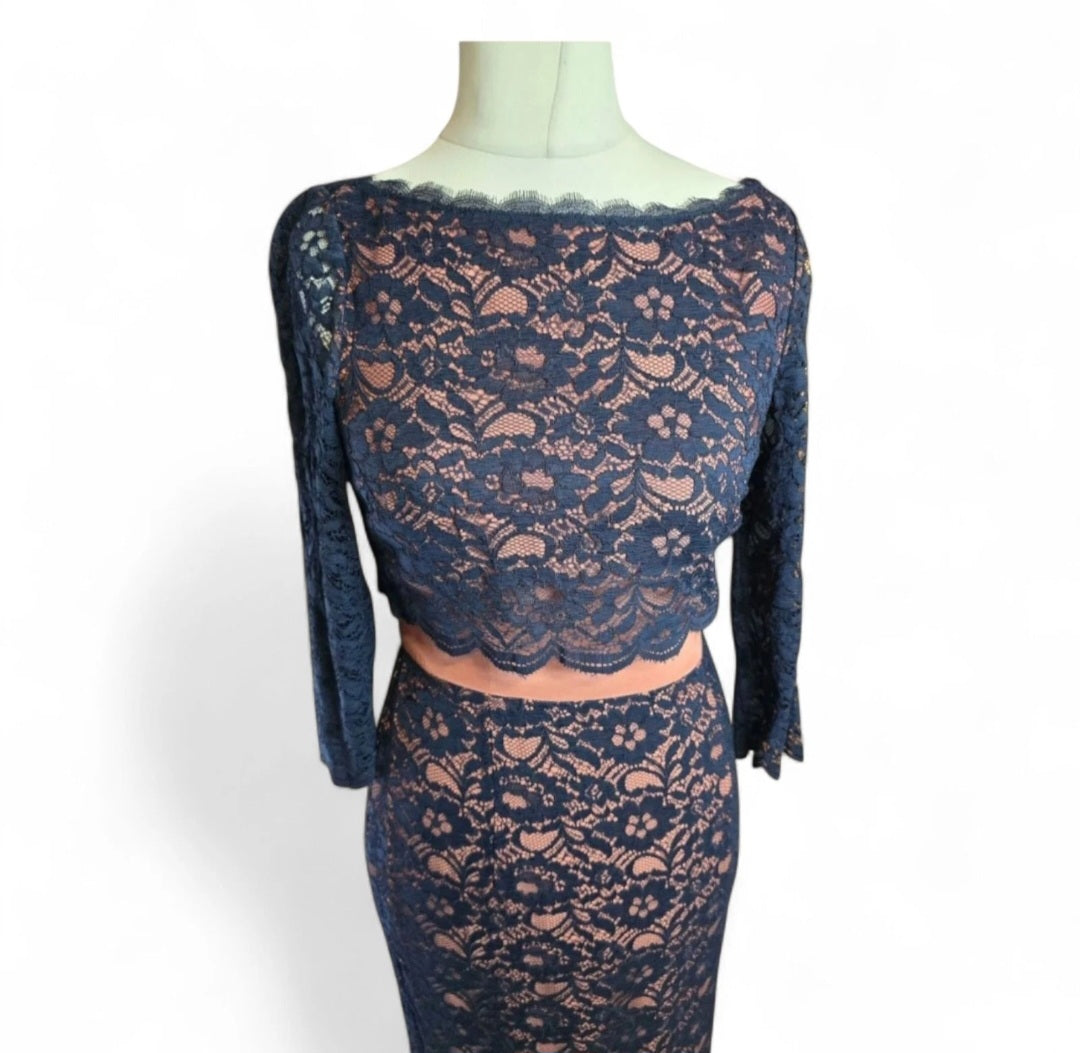 Boden Navy & Beige Lace Dress – Size 10, A-Line, 3/4 Sleeves, Knee-Length, Elegant Party Style