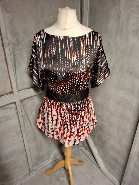 Monsoon Black, Red & White Silky Belted Top – Size 16 – Evening Occasion Wear
