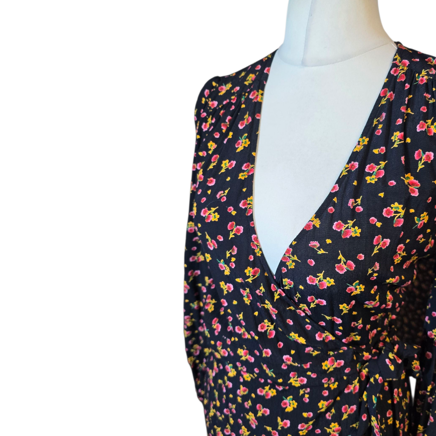 M&S Ghost Black Floral Wrap Midi Dress – Size 8 Regular – Viscose Elegance