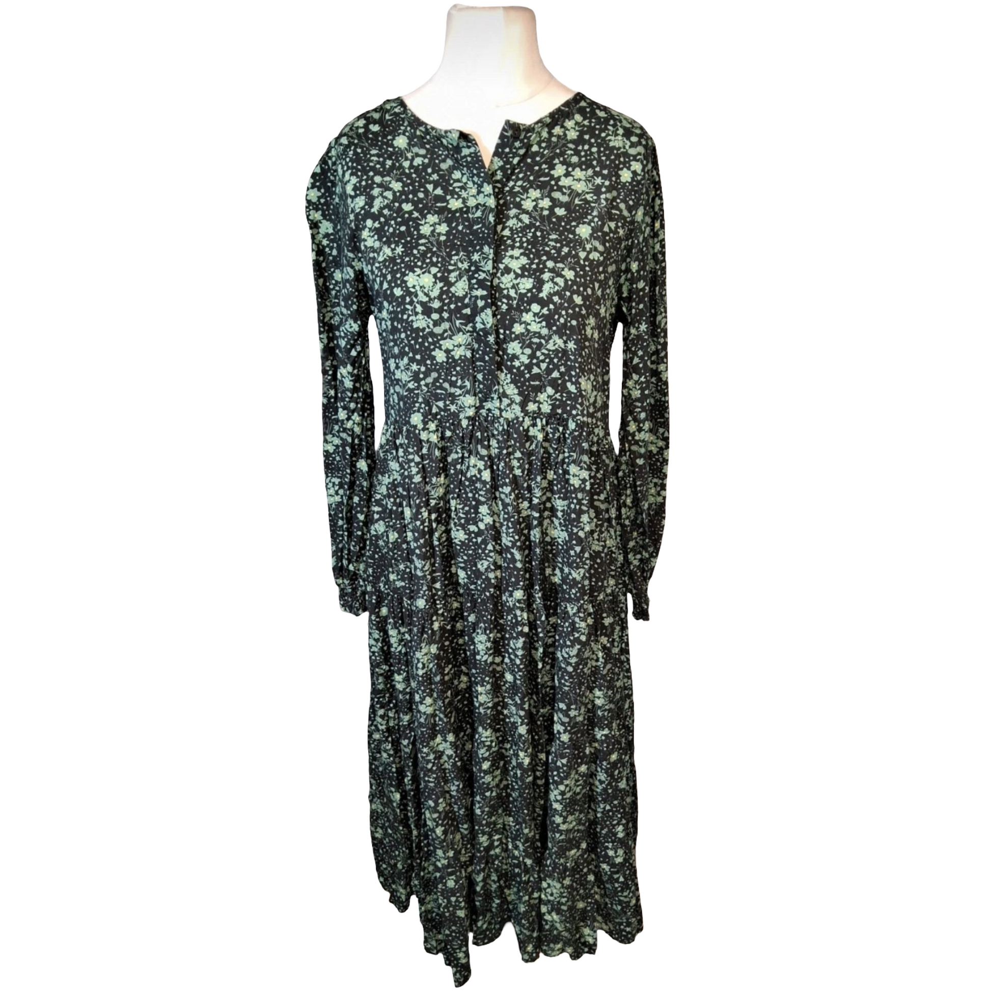 Zara Black & Green Floral Midi Dress – Long Sleeve – Size S (UK size 10/12)